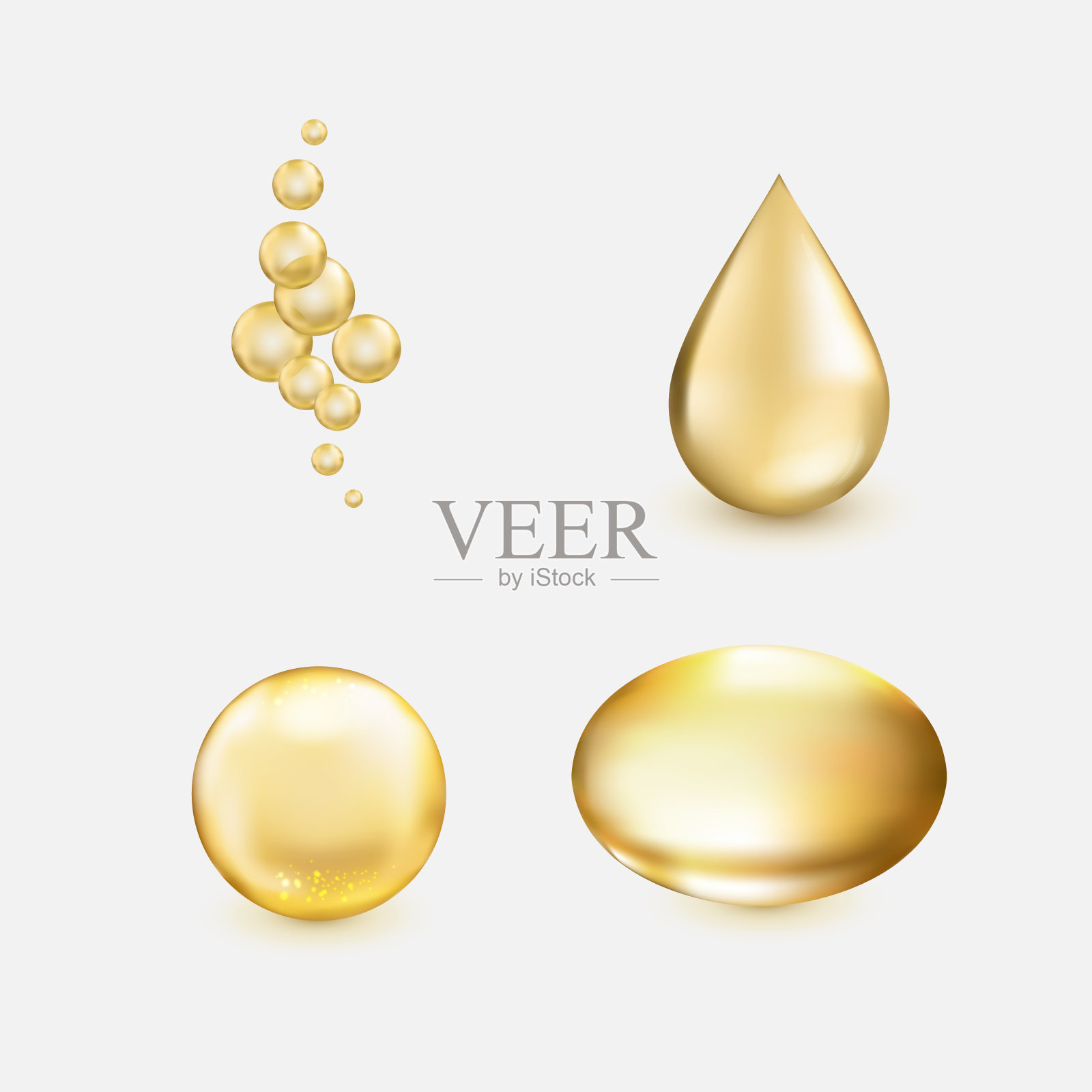 金色精油精华集,写实风格,阴影和眩目。金色橄榄泡沫,滴和丸在孤立的透明背景。向量。设计元素图片