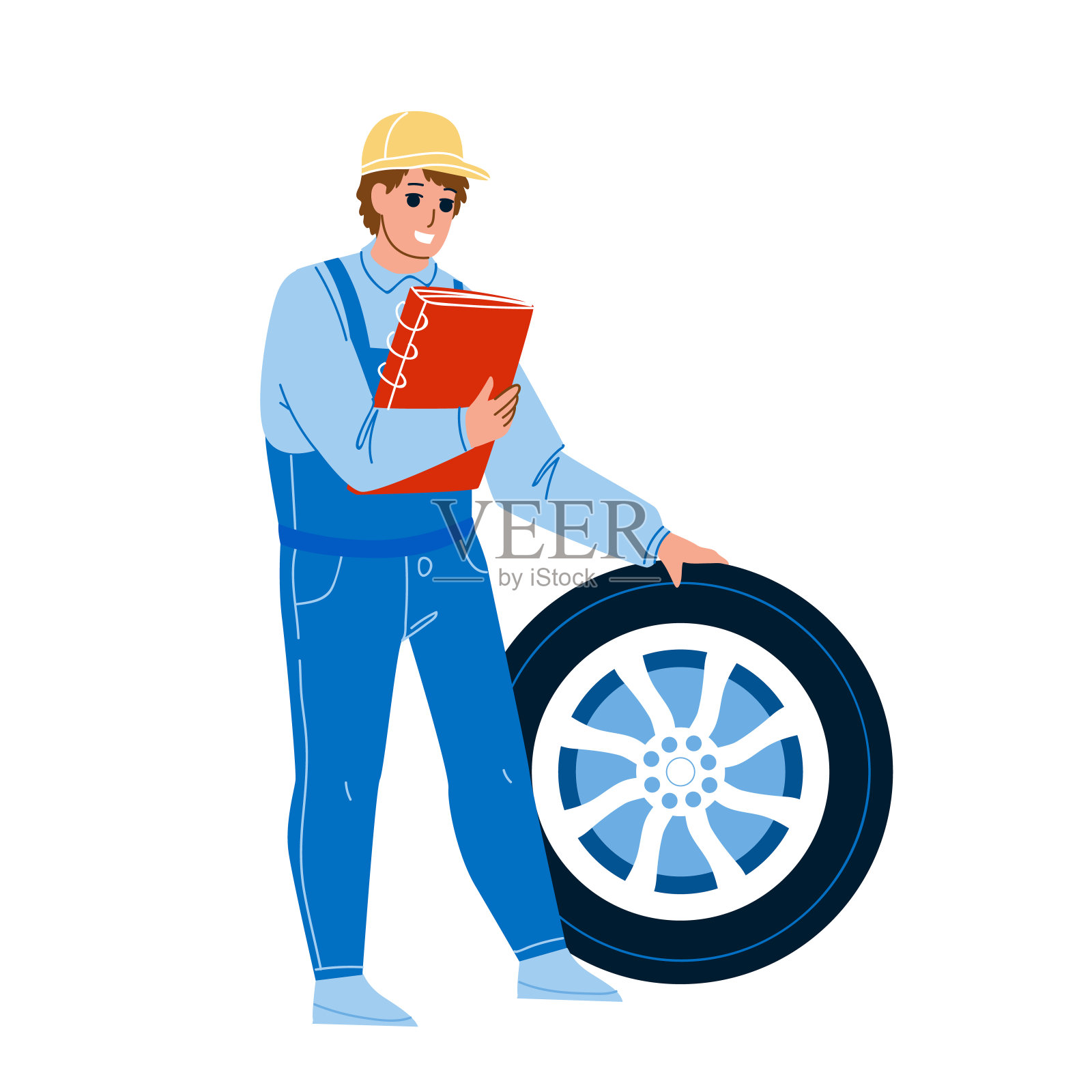 机械师修理轮胎汽车车轮矢量插画图片素材