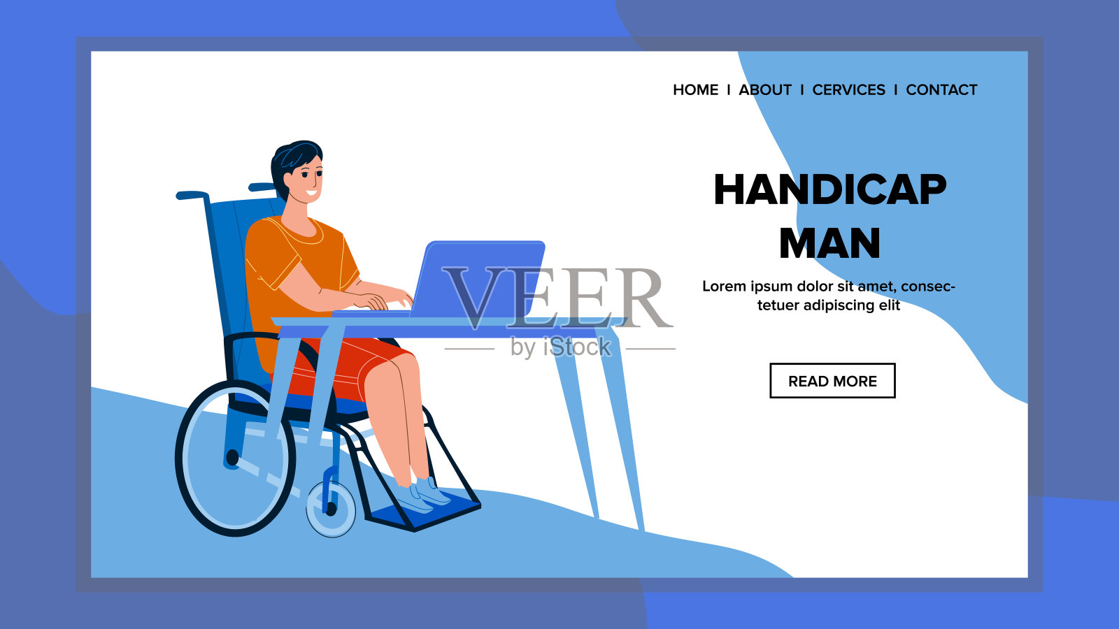 残疾人在笔记本电脑上工作在表向量插画图片素材