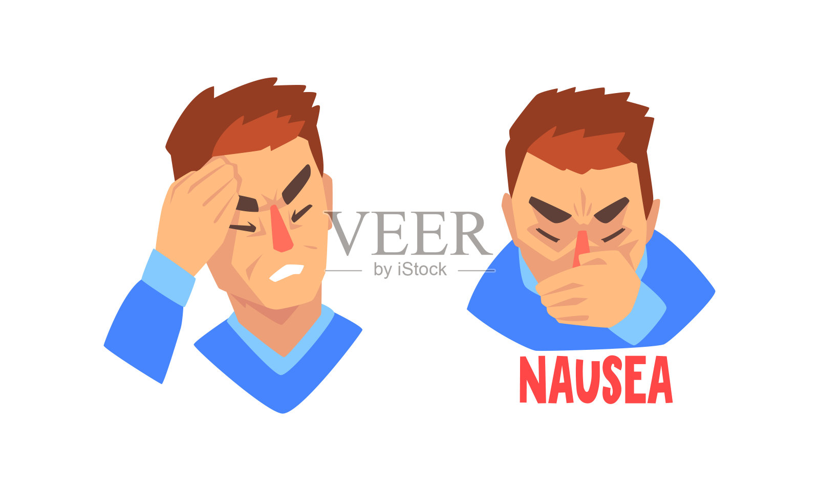 患有严重头痛的男子手持额头和呕吐向量集插画图片素材