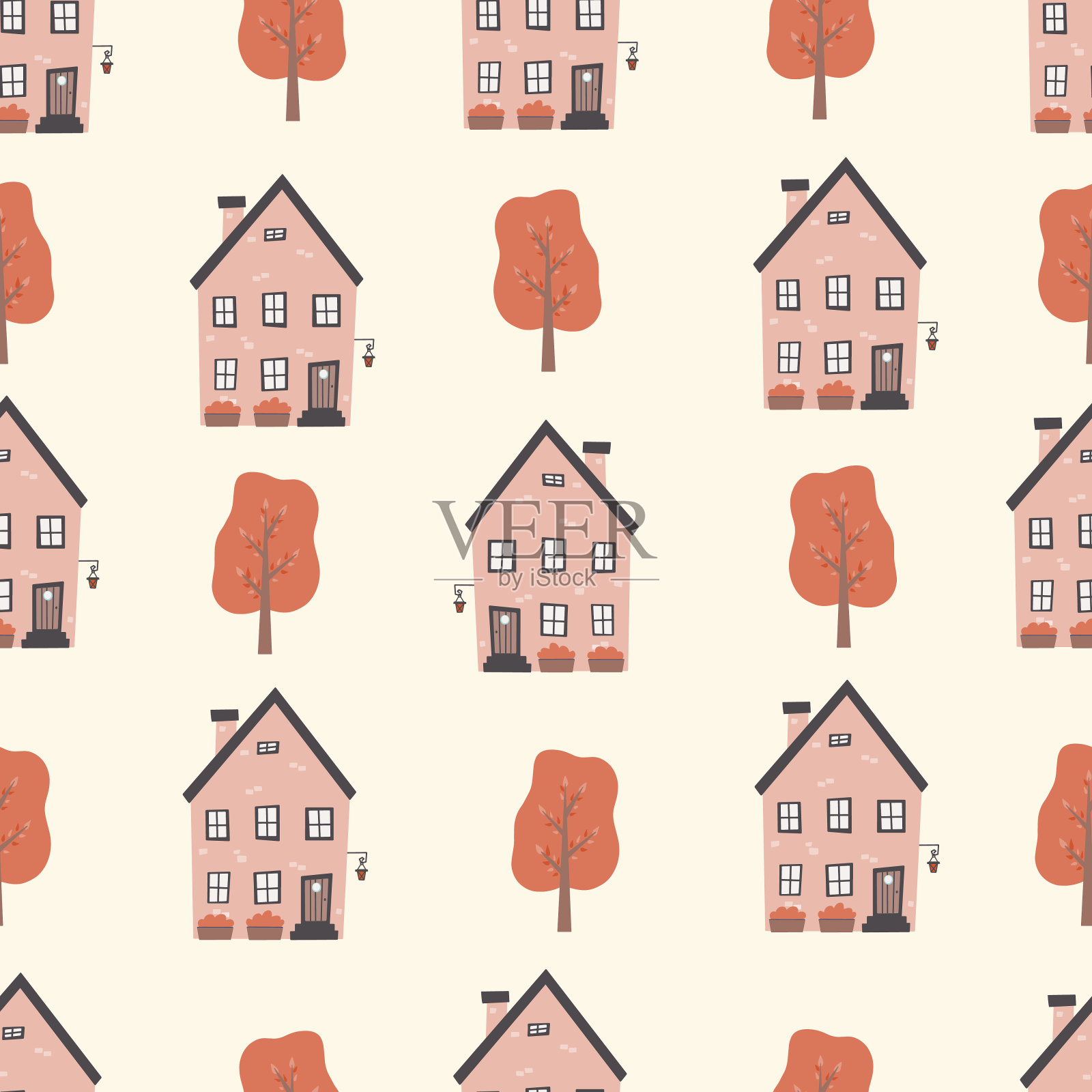 孩子气的无缝图案与房屋,树木。创意幼稚纹理的织物,包装,纺织品,墙纸,服装。插画图片素材