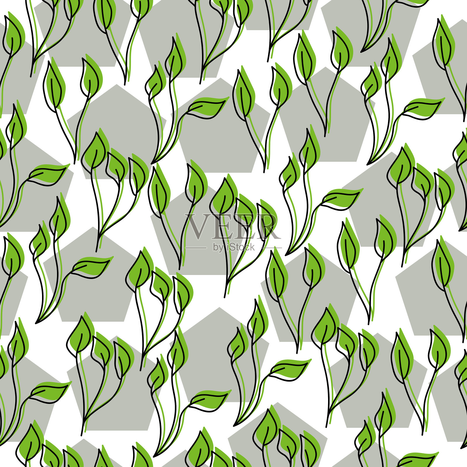 在白色背景上,华丽的绿色和灰色五角形树叶的无缝图案插画图片素材
