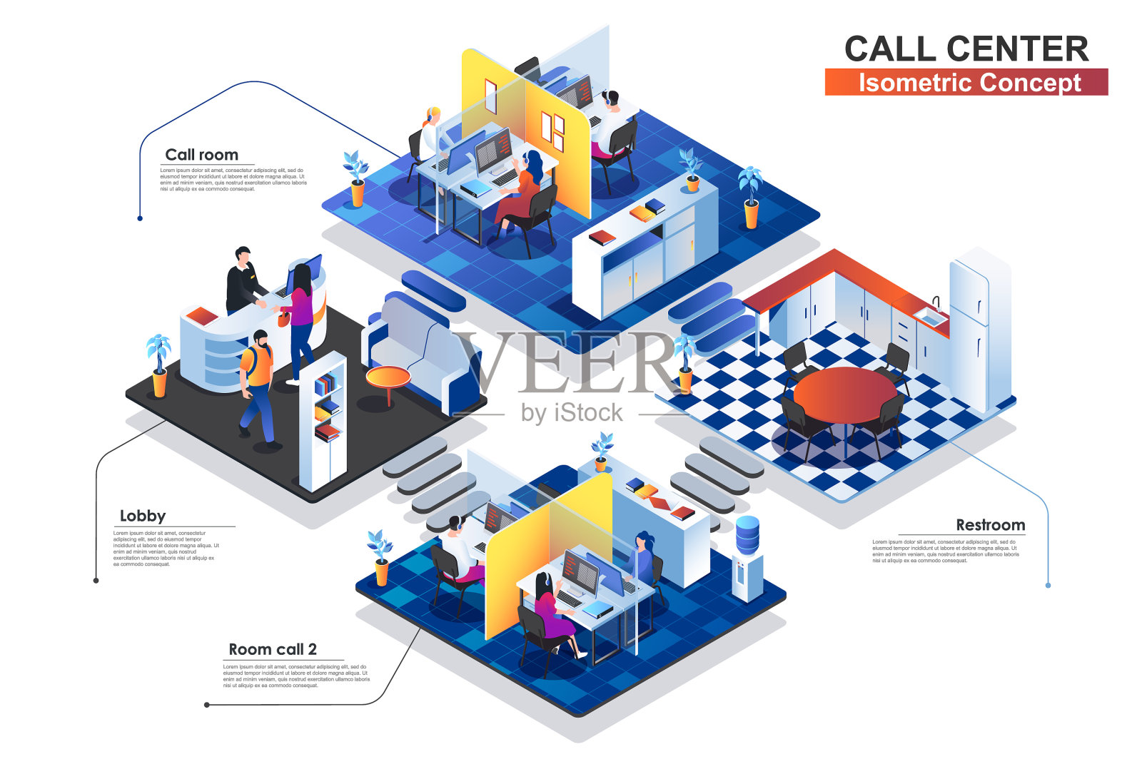 呼叫中心内部等距概念人插画图片素材