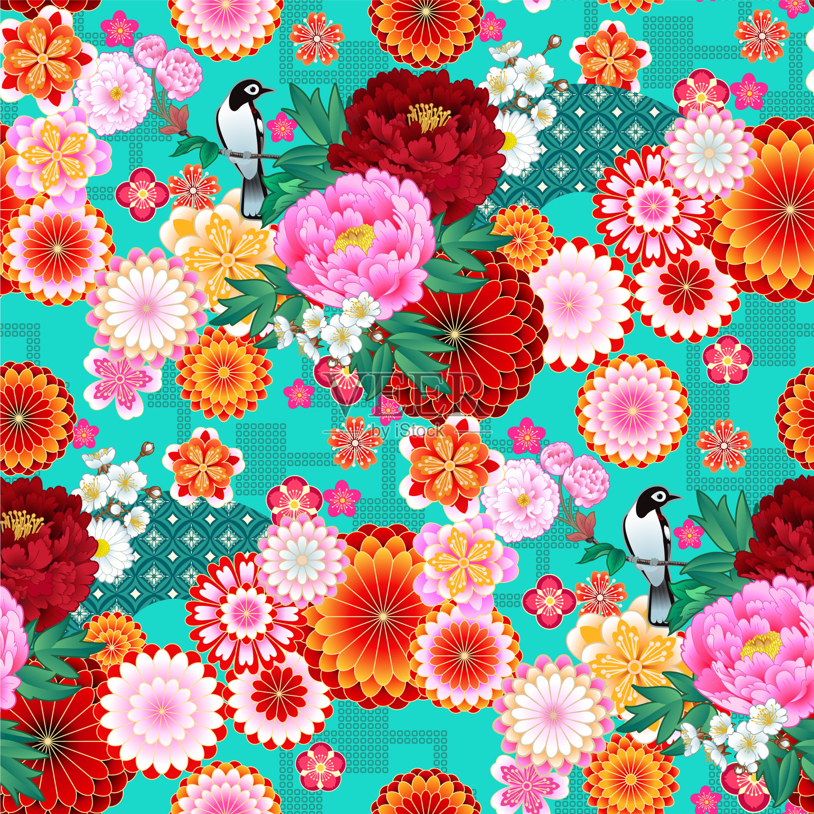 无缝的春季图案与抽象的花朵插画图片素材