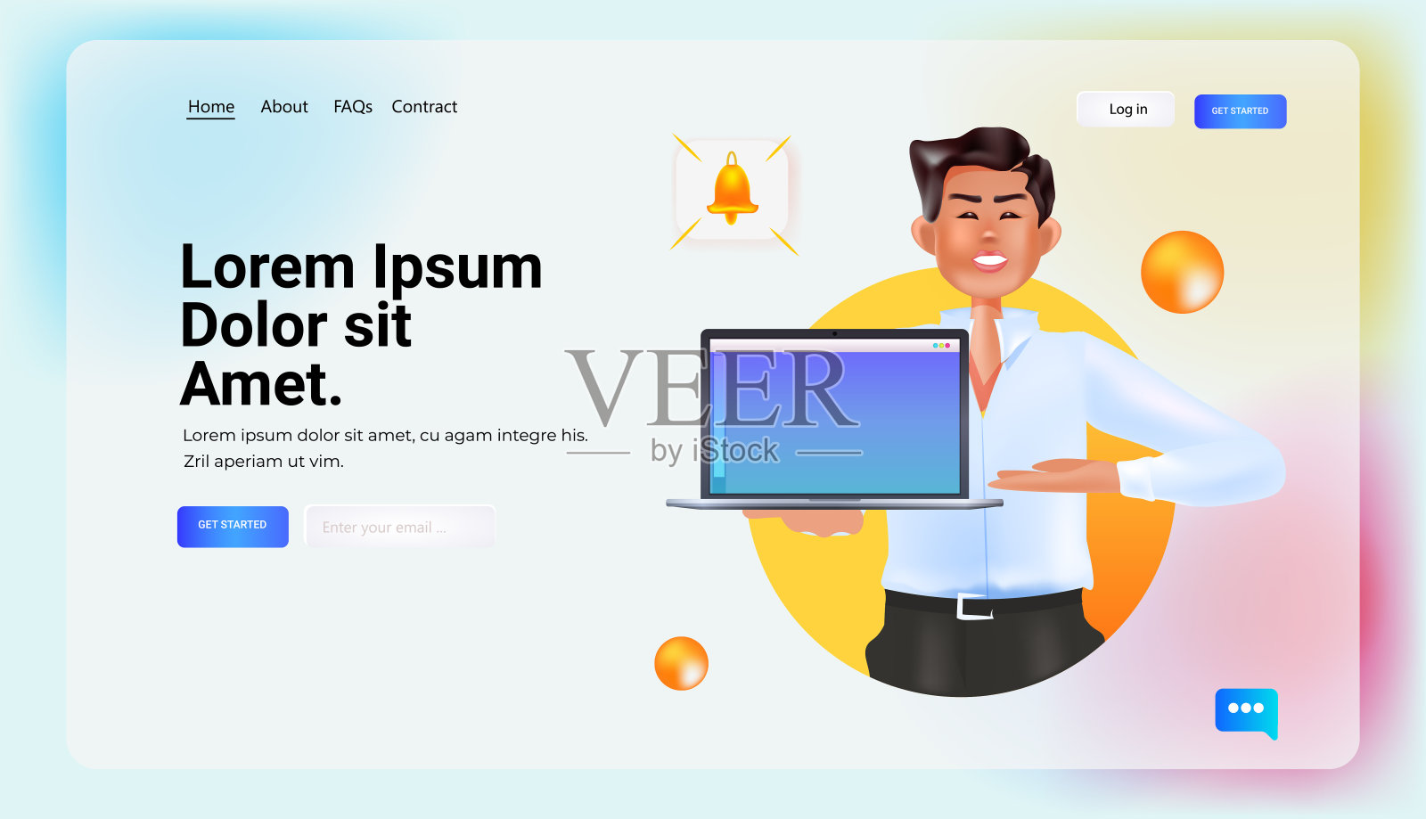 商人手持笔记本电脑,男性卡通人物与笔记本电脑社交媒体网络概念肖像插画图片素材
