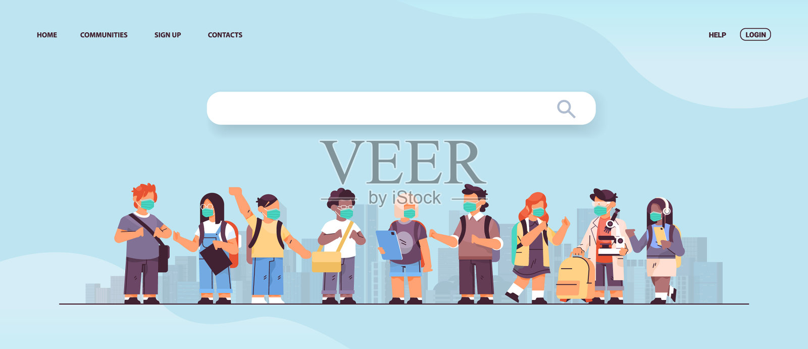 种族混杂的学童戴口罩以防插画图片素材