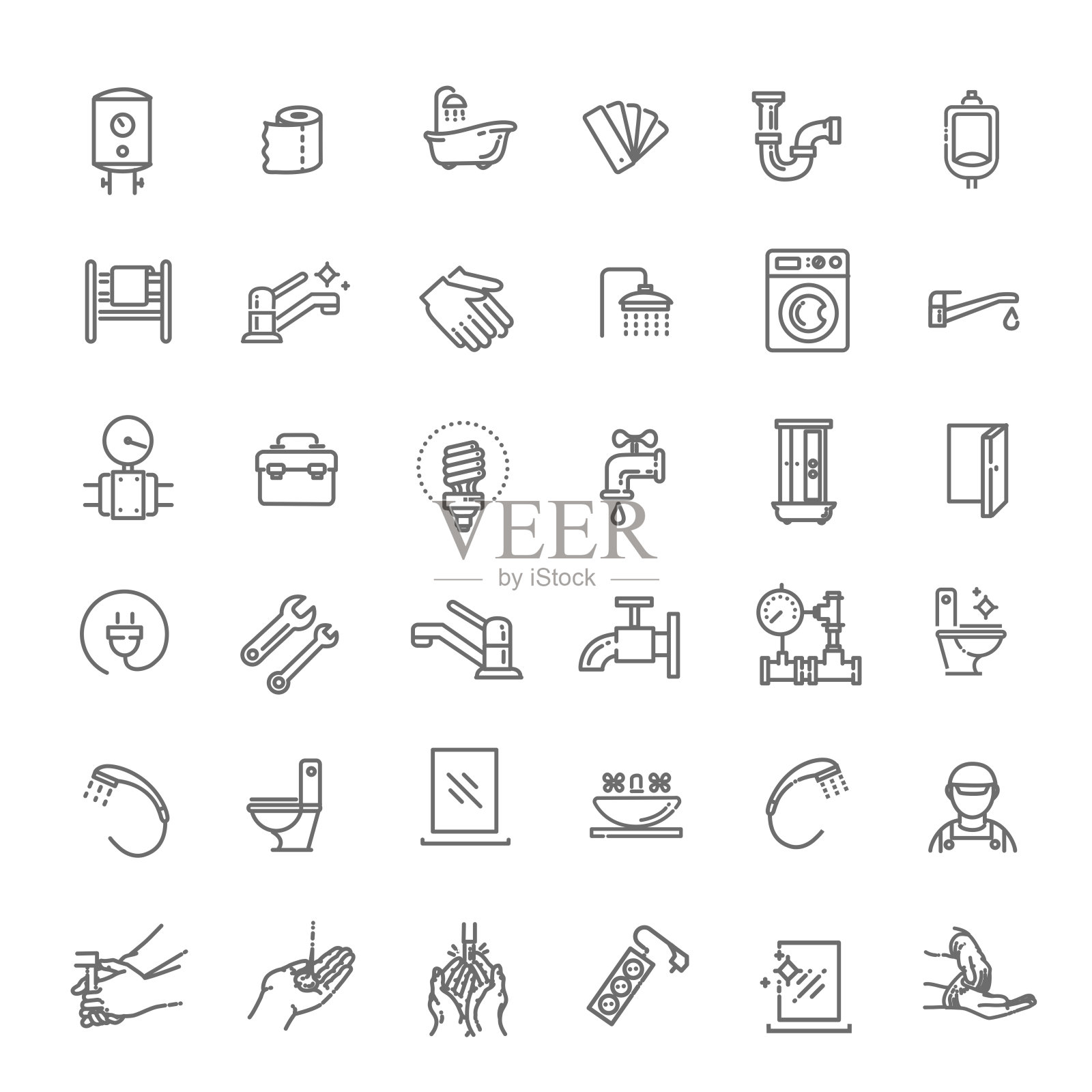 浴室设备、工程。矢量线的图标图标素材