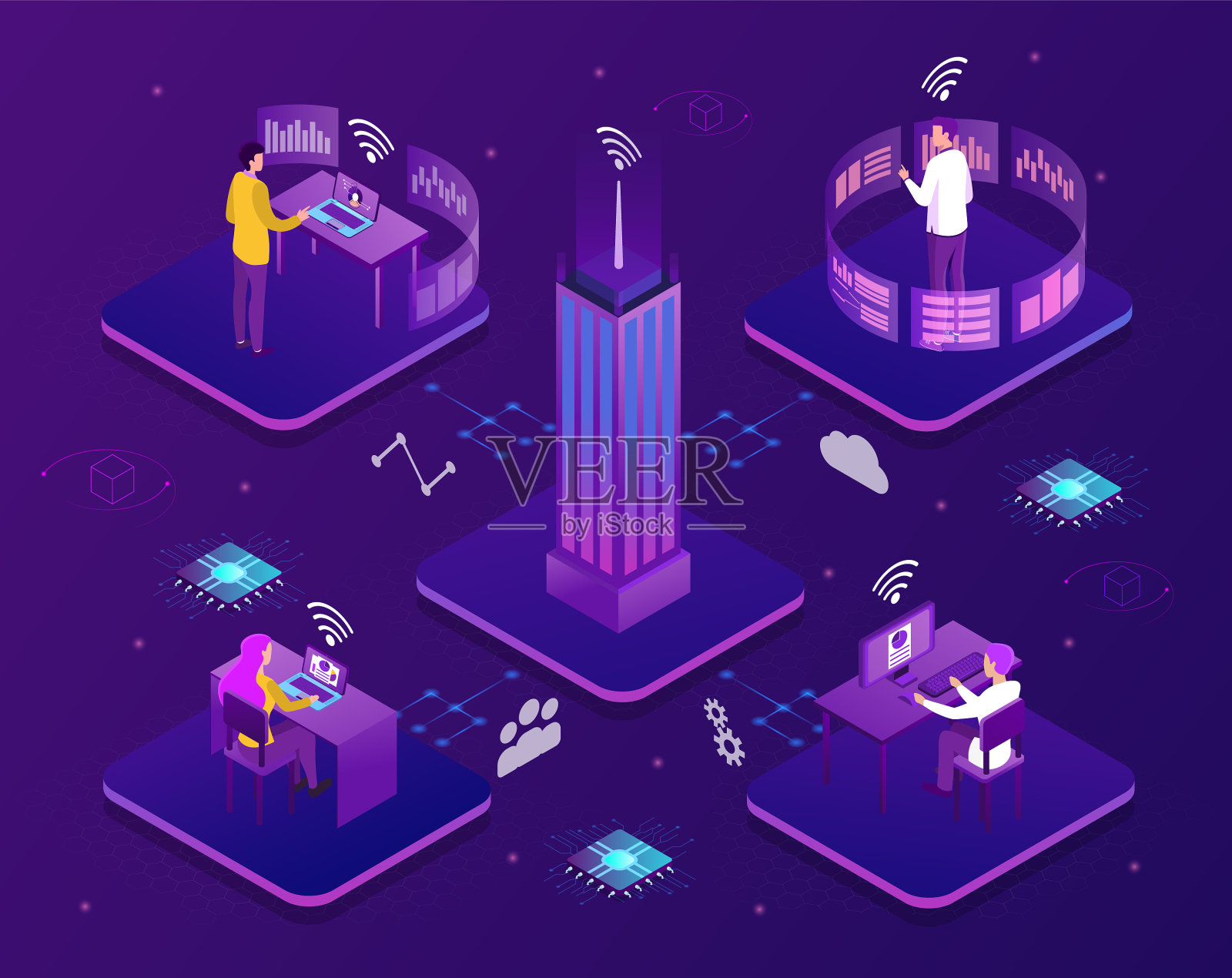 现代科技助力打造全球团队插画图片素材