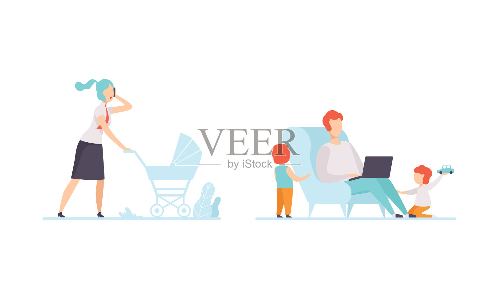 男女父母工作和护理儿童结合工作和家庭责任向量集插画图片素材