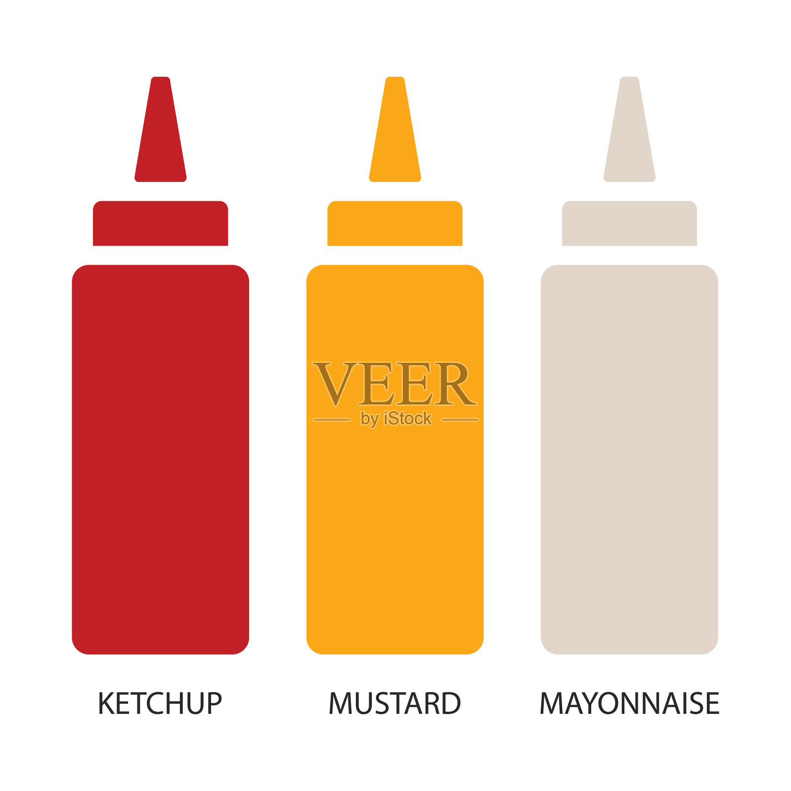 酱汁。酱汁主要有三种。番茄酱是一种由番茄和香料制成的蔬菜酱。芥菜是一种用芥菜种子制成的辣酱。蛋黄酱是一种用鸡蛋做成的美味酱料。插画图片素材