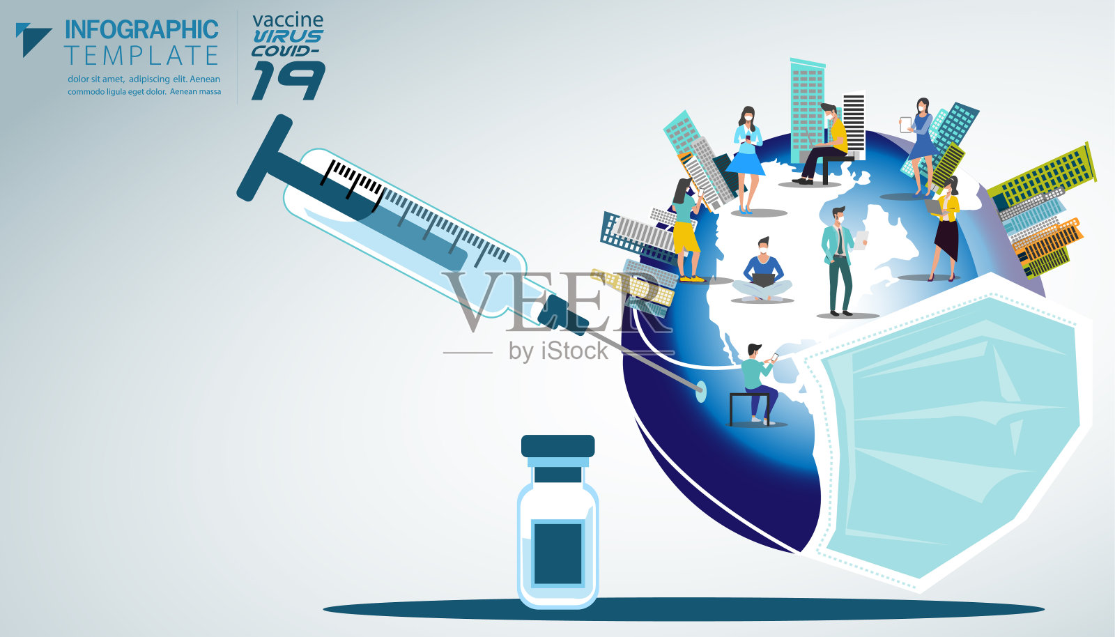 男人和女人都戴口罩。世界放口罩健康。保持社交距离,说明新型冠状病毒医疗喷雾疫苗。信息图表模板。设计模板素材