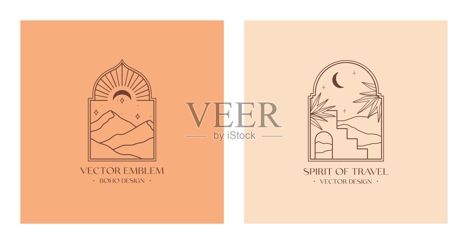 向量线性波西米亚标志与抽象的山脉景观在摩洛哥的窗户插画图片素材