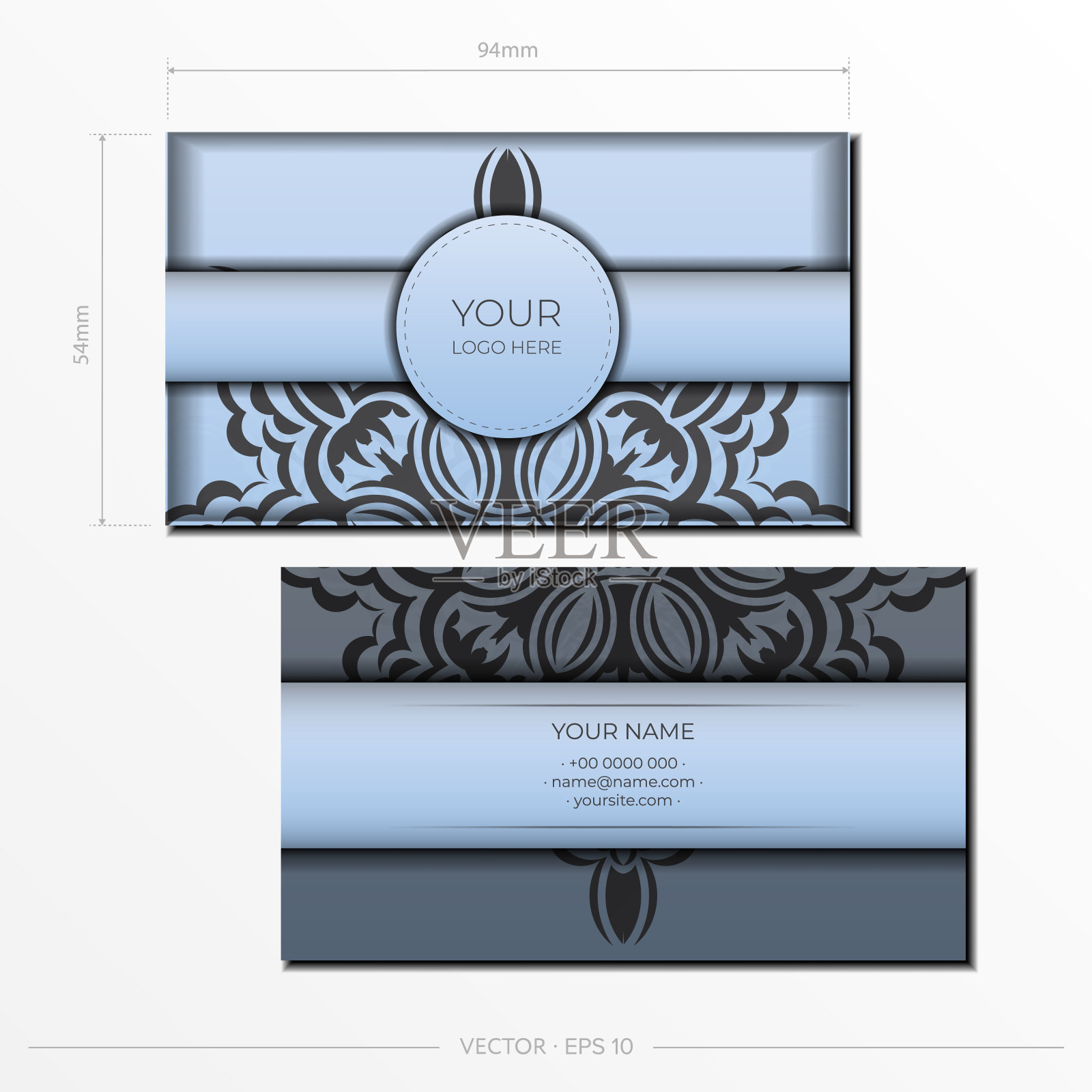 长方形准备蓝色明信片与豪华的黑色装饰。模板印刷设计邀请卡与复古的模式插画图片素材