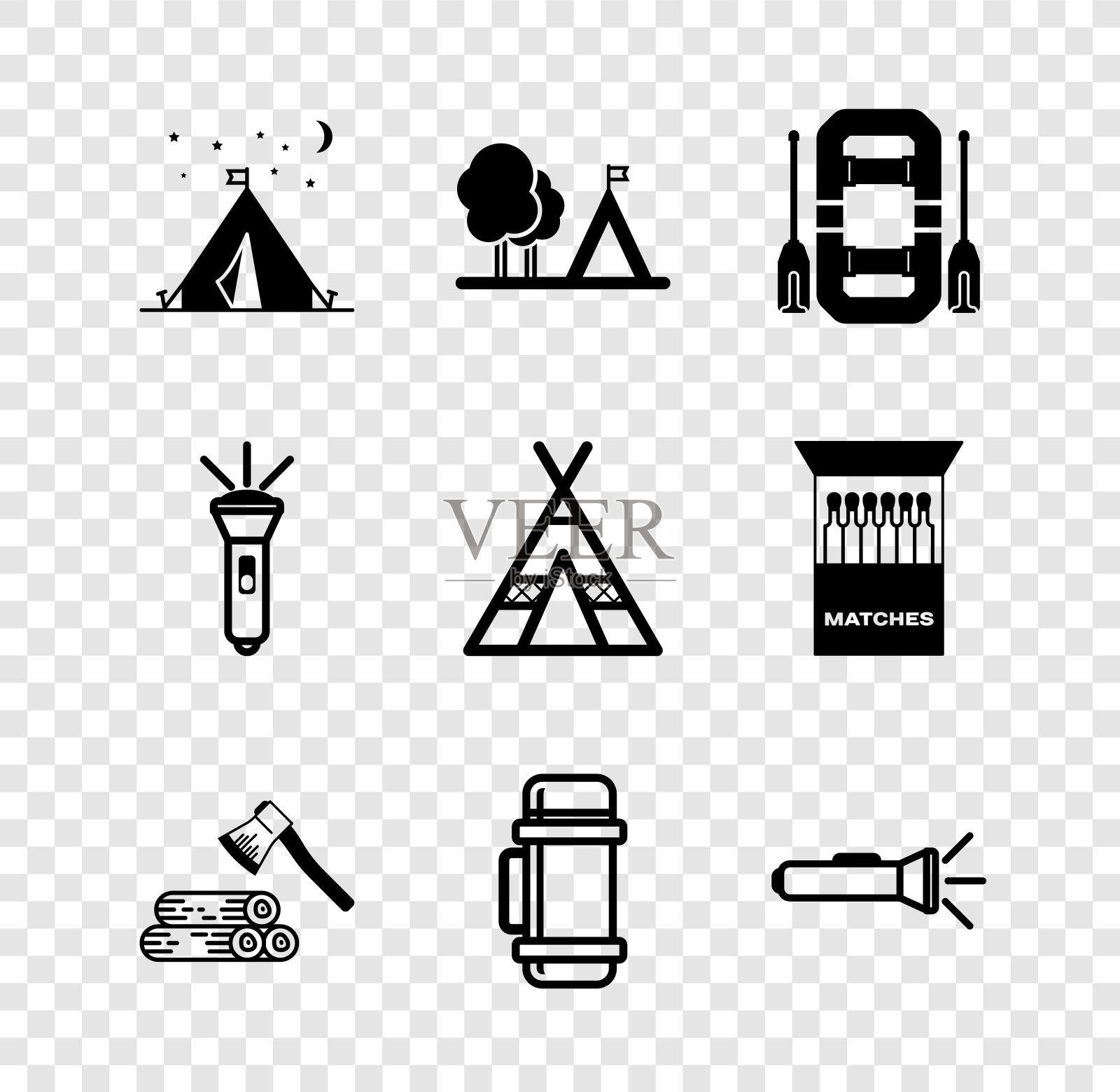 设置旅游帐篷与旗帜,漂流船,木斧和木材,热水瓶容器,手电筒,和图标。向量图标素材