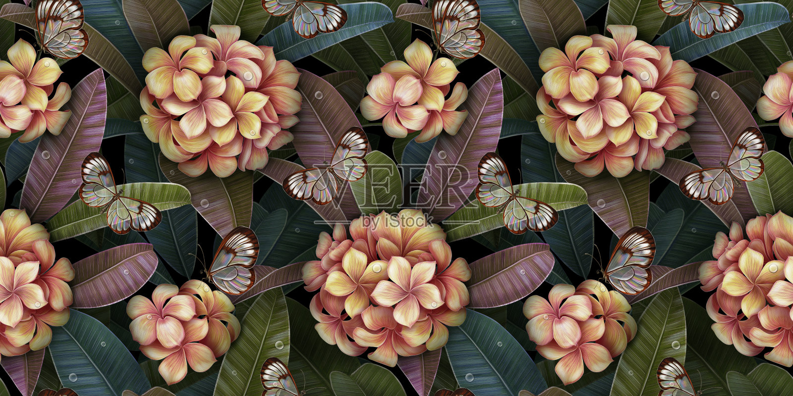 热带无缝模式。复古的鸡蛋花花束,五颜六色的叶子,玻璃翅膀的蝴蝶。手绘逼真的3d插图。插画图片素材
