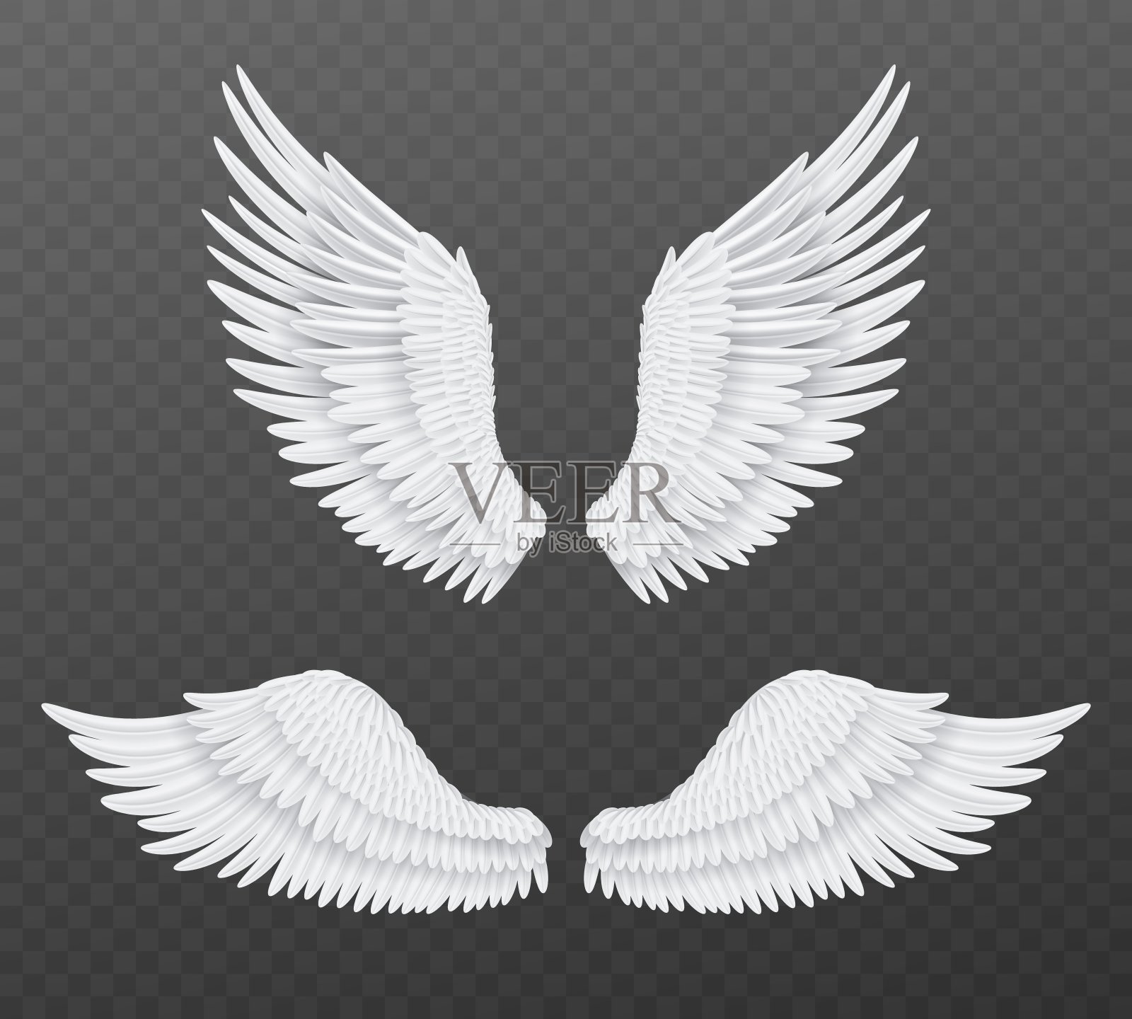 现实的翅膀。美丽孤立的天使翅膀,一对3d鸟白色的羽毛,象征自由和精神的飞行动物的部分。天堂天使设计元素向量集插画图片素材