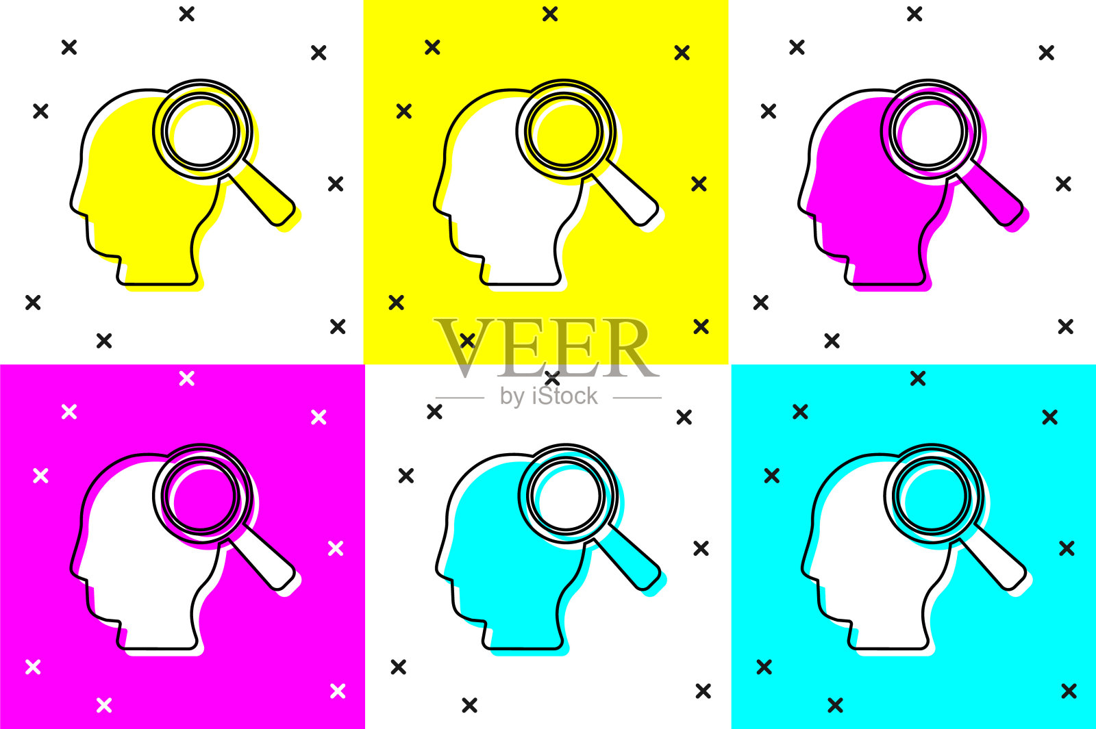 设置放大镜搜索一个独立的颜色背景上的人物图标。招聘和选拔。寻找员工和工作。向量插画图片素材