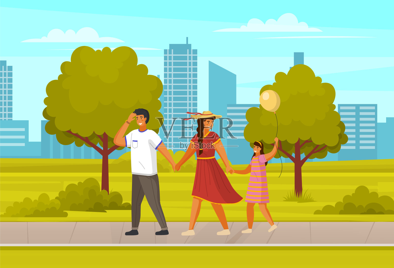 幸福的一家人在城市公园或广场散步。妈妈、爸爸和孩子带着气球在户外度过时光插画图片素材