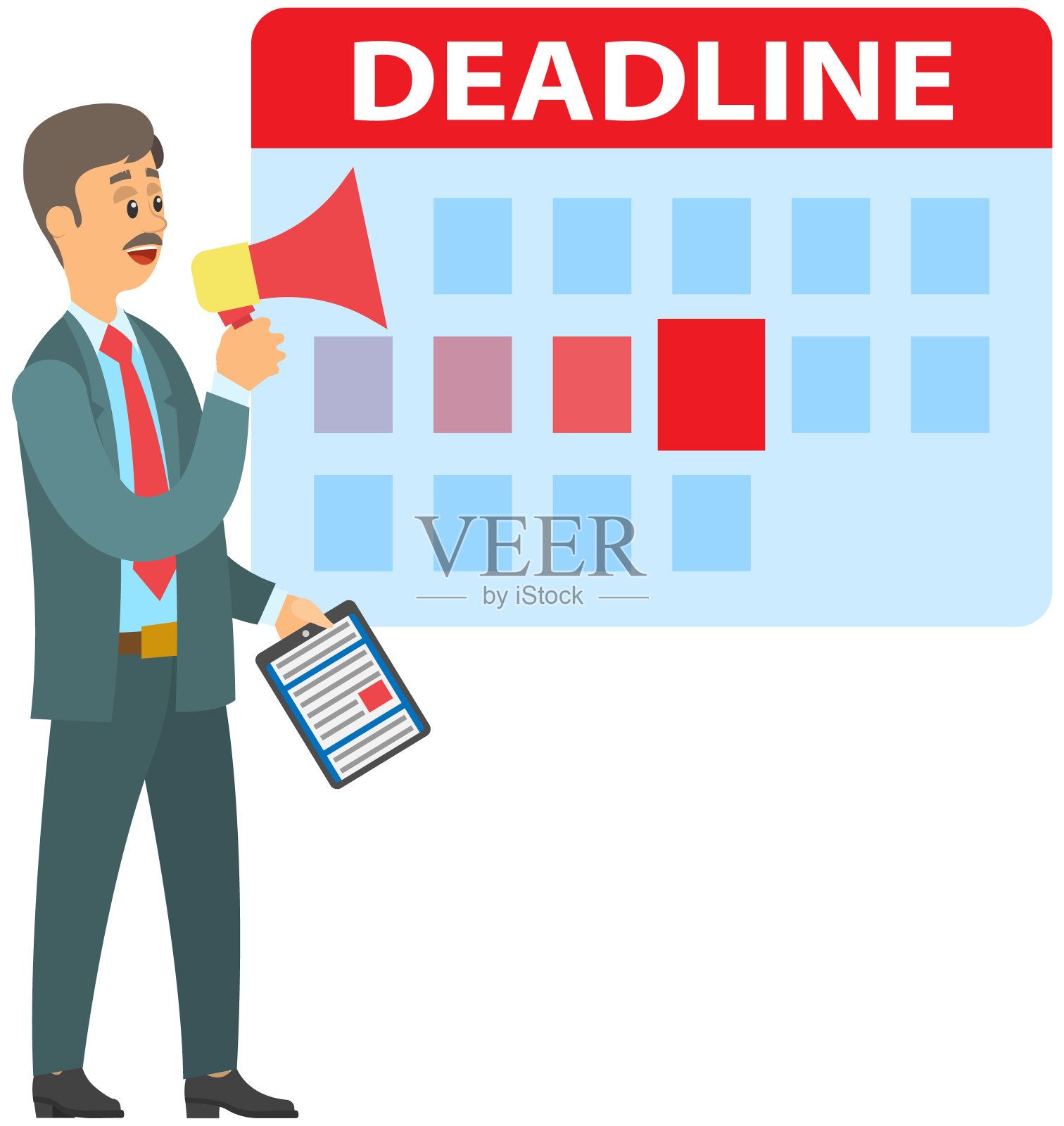 拿着喇叭的商人正在谈论最后期限。月计划或要做的事的清单在海报上插画图片素材