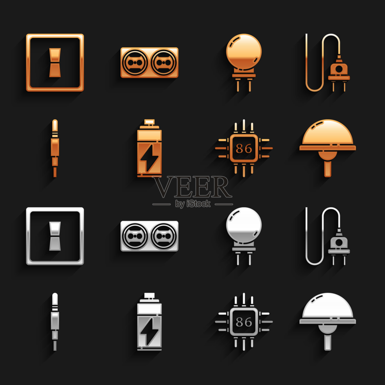 集电池,电插头,发光二极管,处理器微电路CPU,音频插孔,灯开关和电源插座图标。向量图标素材