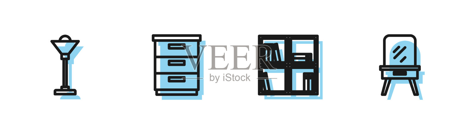 设置线书架与书籍落地灯家具插画图片素材