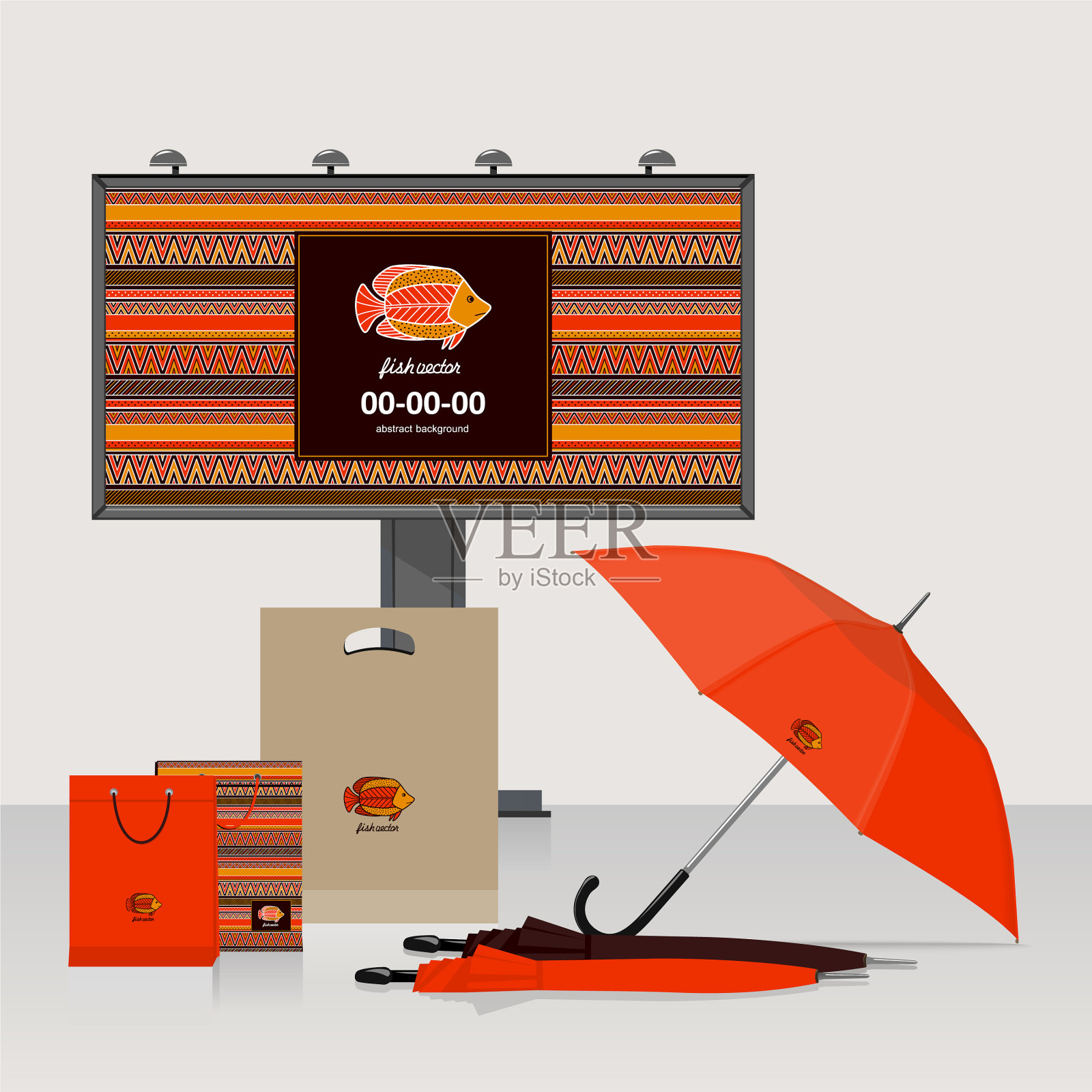 具有民族风格的鱼类和装饰品插画图片素材