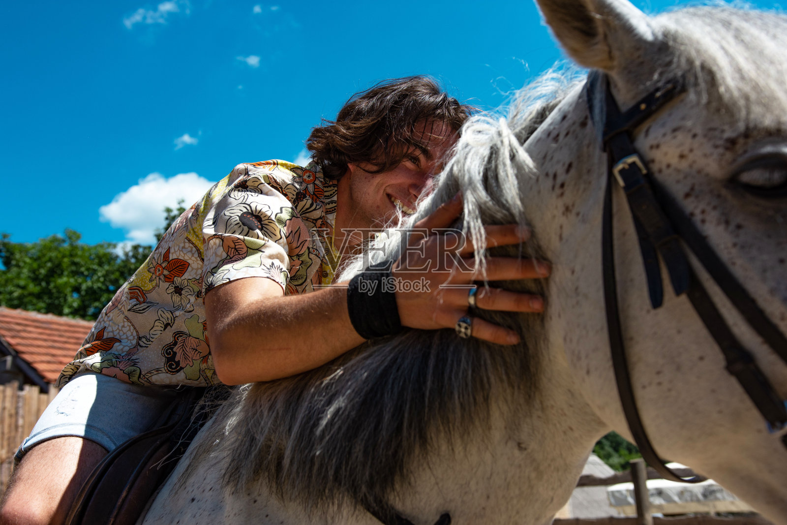 一个阳光明媚的日子,一个年轻人在农场里抚摸着一匹马照片摄影图片