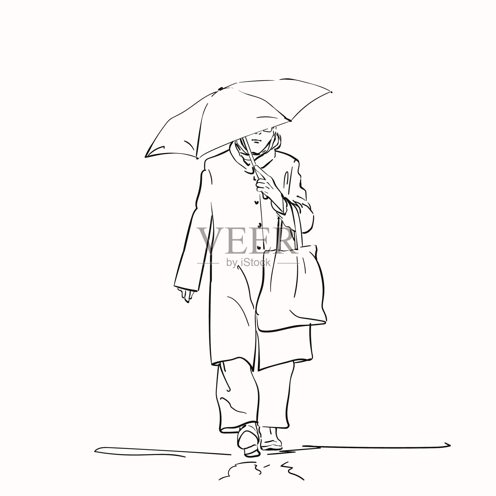 素描女人穿着大衣,胳膊上挎着购物袋插画图片素材