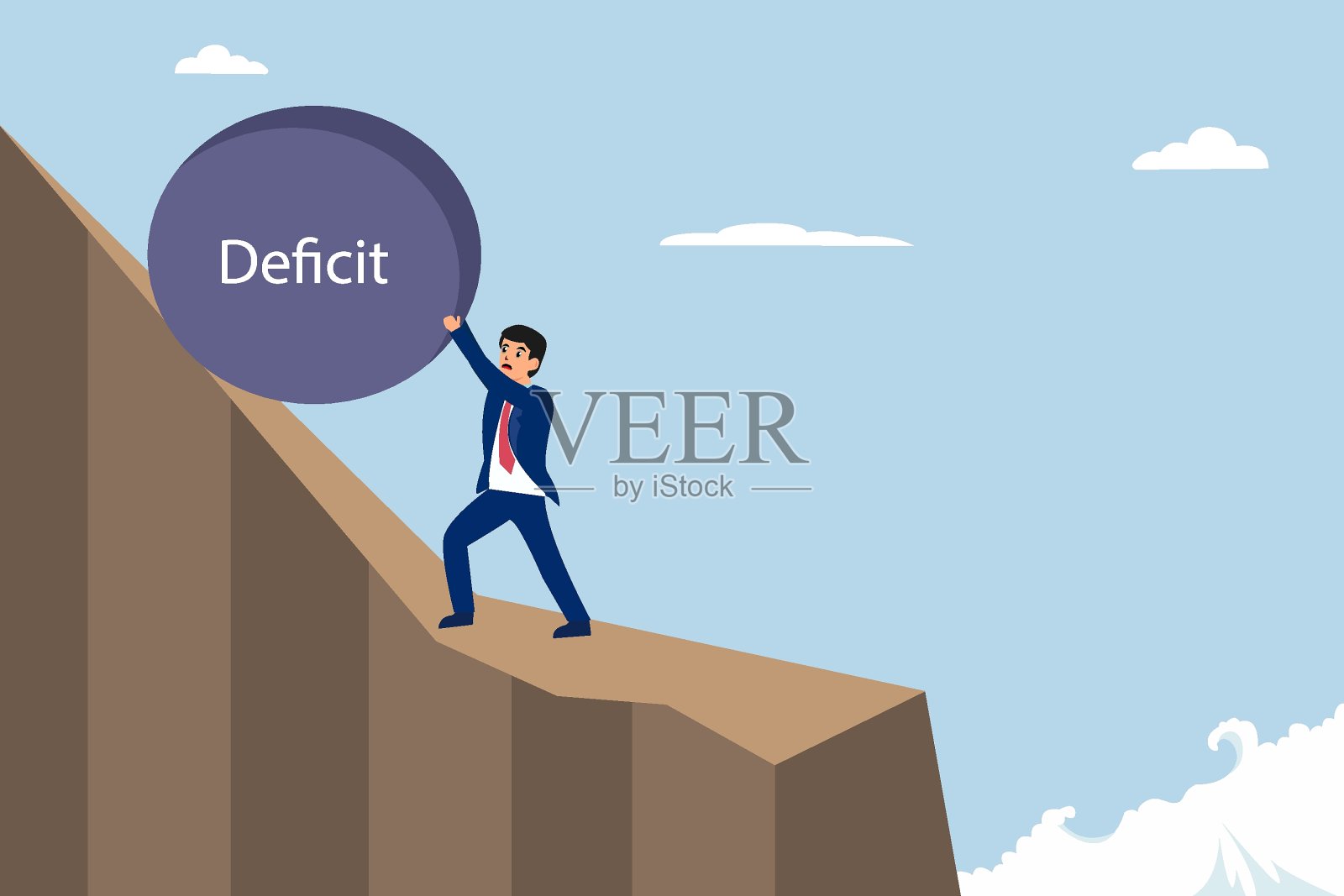 商人推着一块印有赤字文字的石头插画图片素材