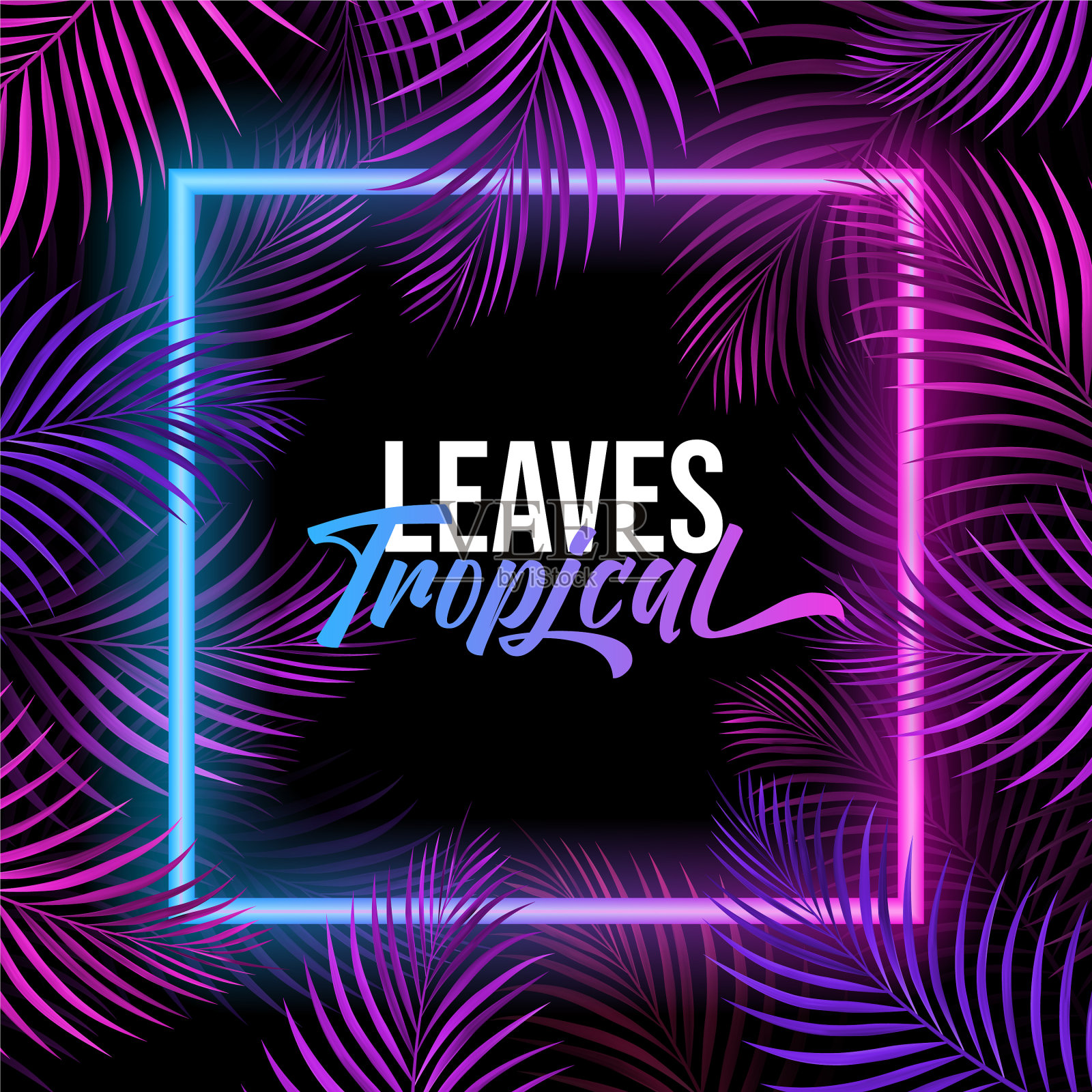 热带树叶背景与霓虹灯设计模板素材