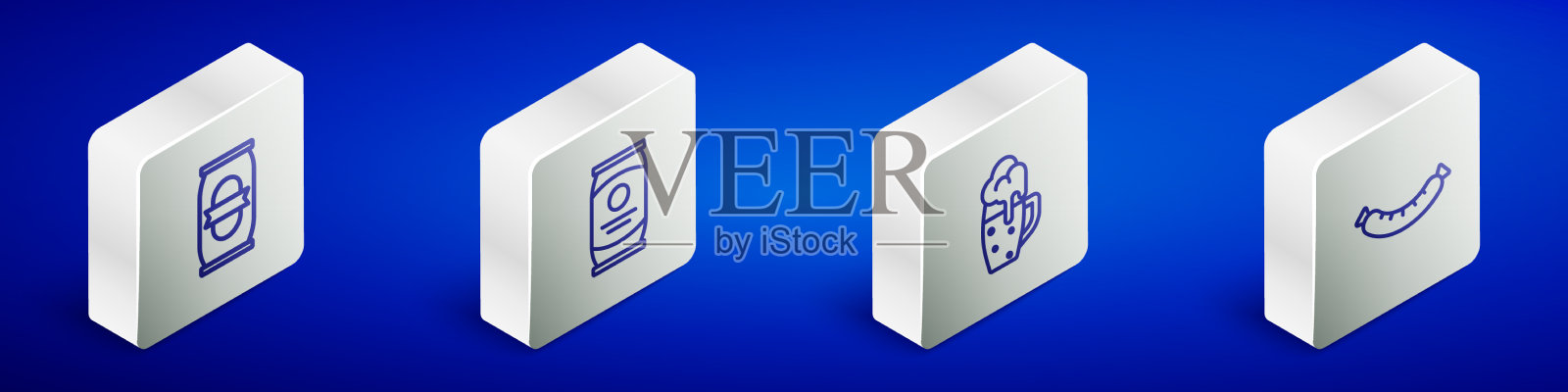 设置等距线啤酒罐和玻璃啤酒罐图标素材