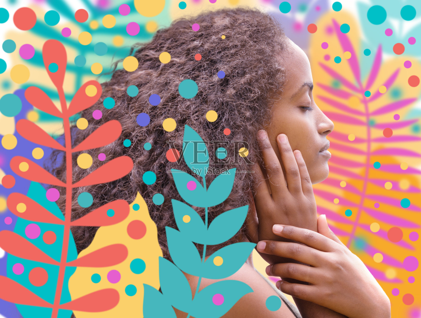 数字花卉艺术和彩色背景上的肖像照片摄影图片