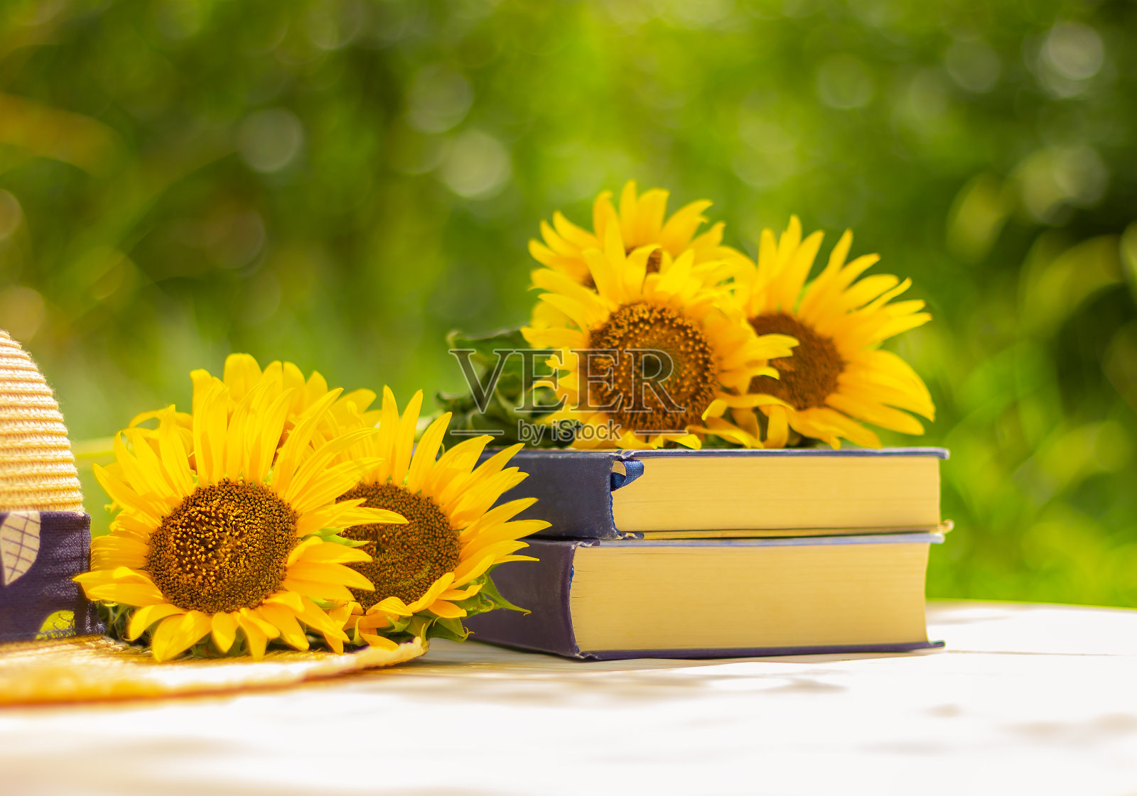 花园里的桌子上有向日葵、书籍和一顶草帽照片摄影图片
