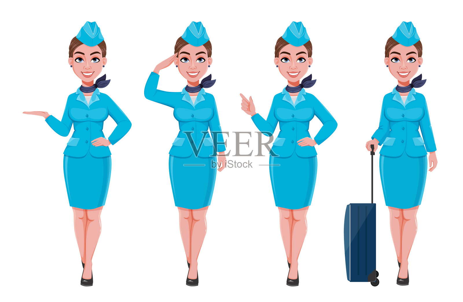 身穿蓝色制服的空姐摆了四个姿势插画图片素材