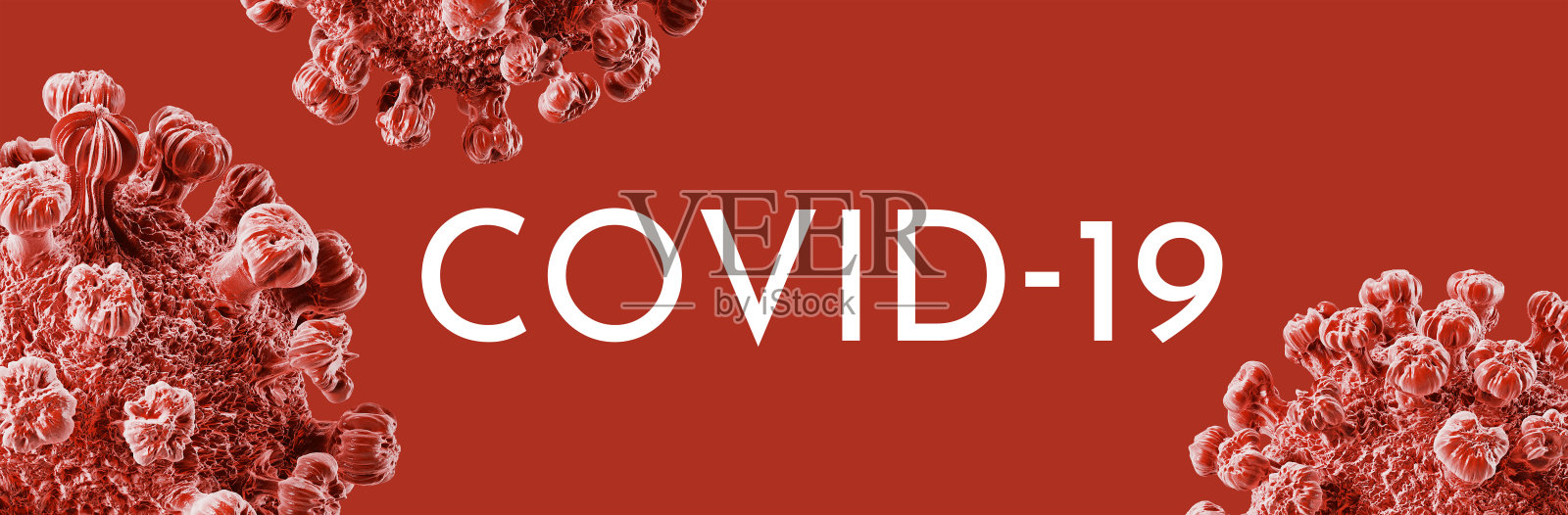 红色背景下白色“COVID-19”字母和COVID-19病毒,3d渲染照片摄影图片