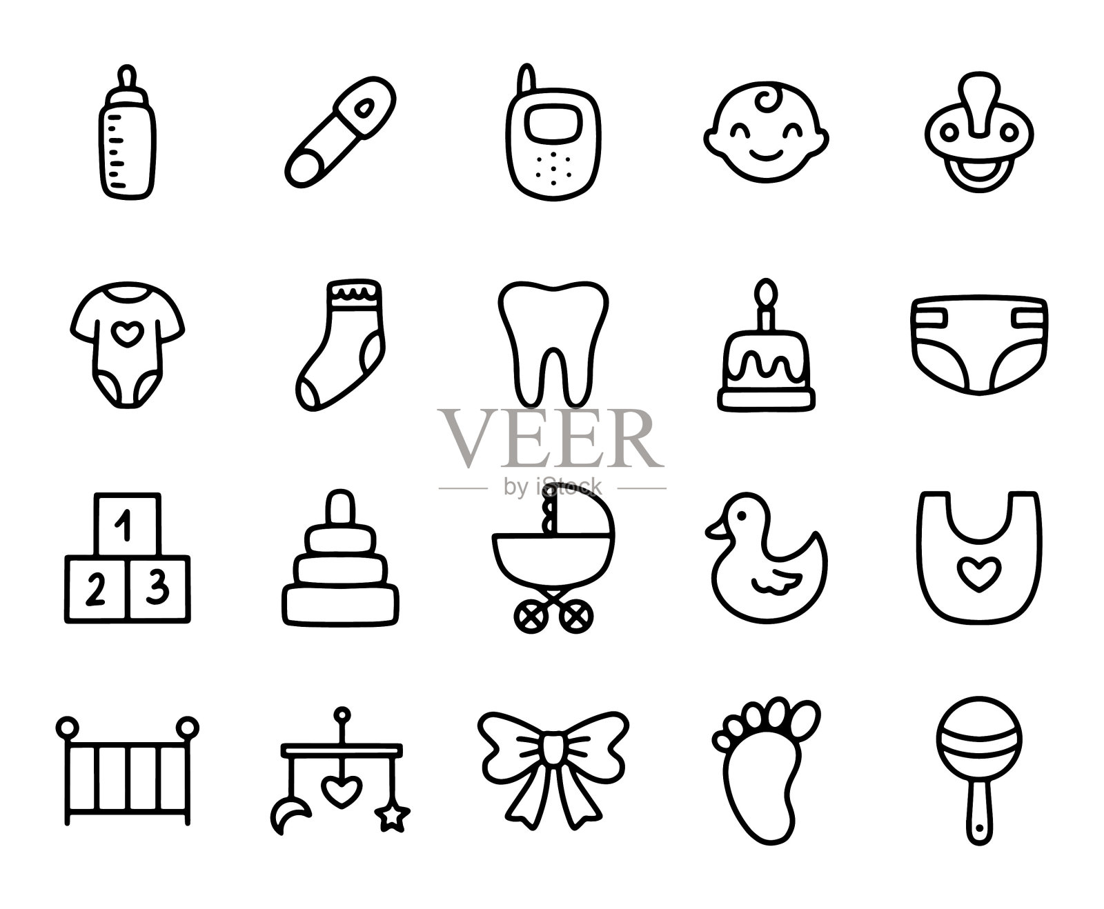 涂鸦手画婴儿相关的图标收集孤立在白色背景矢量插图。图标素材