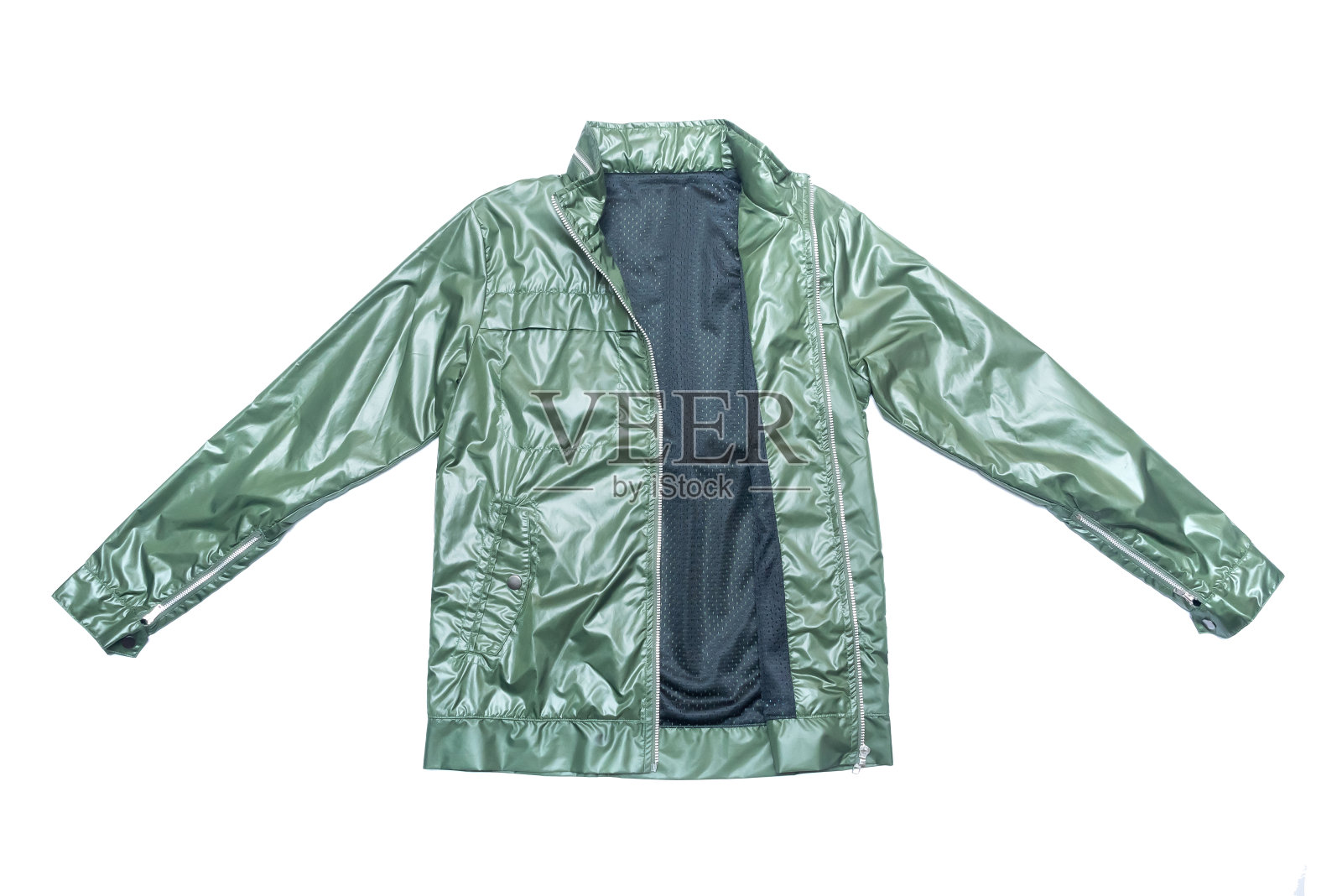 亮绿色尼龙全拉链风衣夹克,摩托车皮夹克风格。照片摄影图片