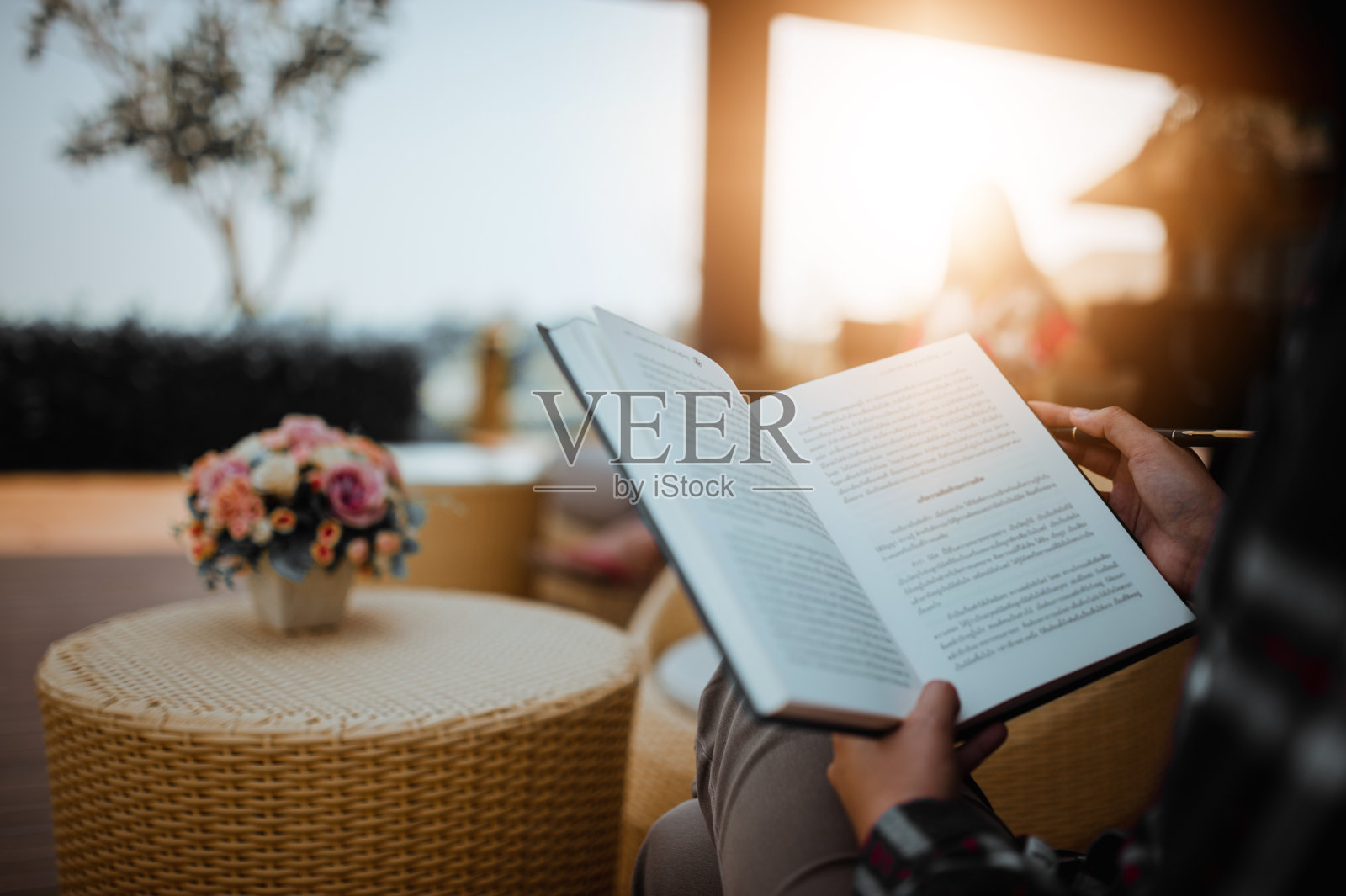 年轻女子坐在后院,看书放松。模糊的背景。水平,电影的效果。照片摄影图片