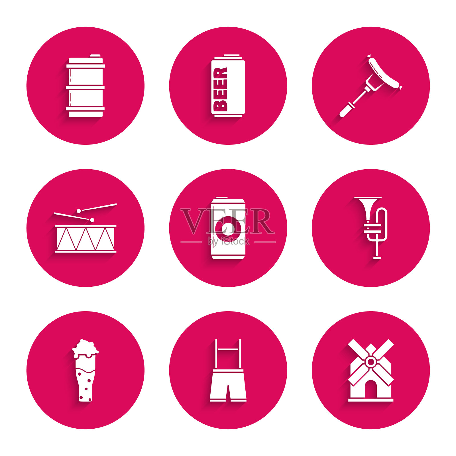 啤酒罐,皮短裤,风车,乐器喇叭,啤酒杯,鼓和鼓棒,叉子上的香肠和金属桶图标。向量图标素材