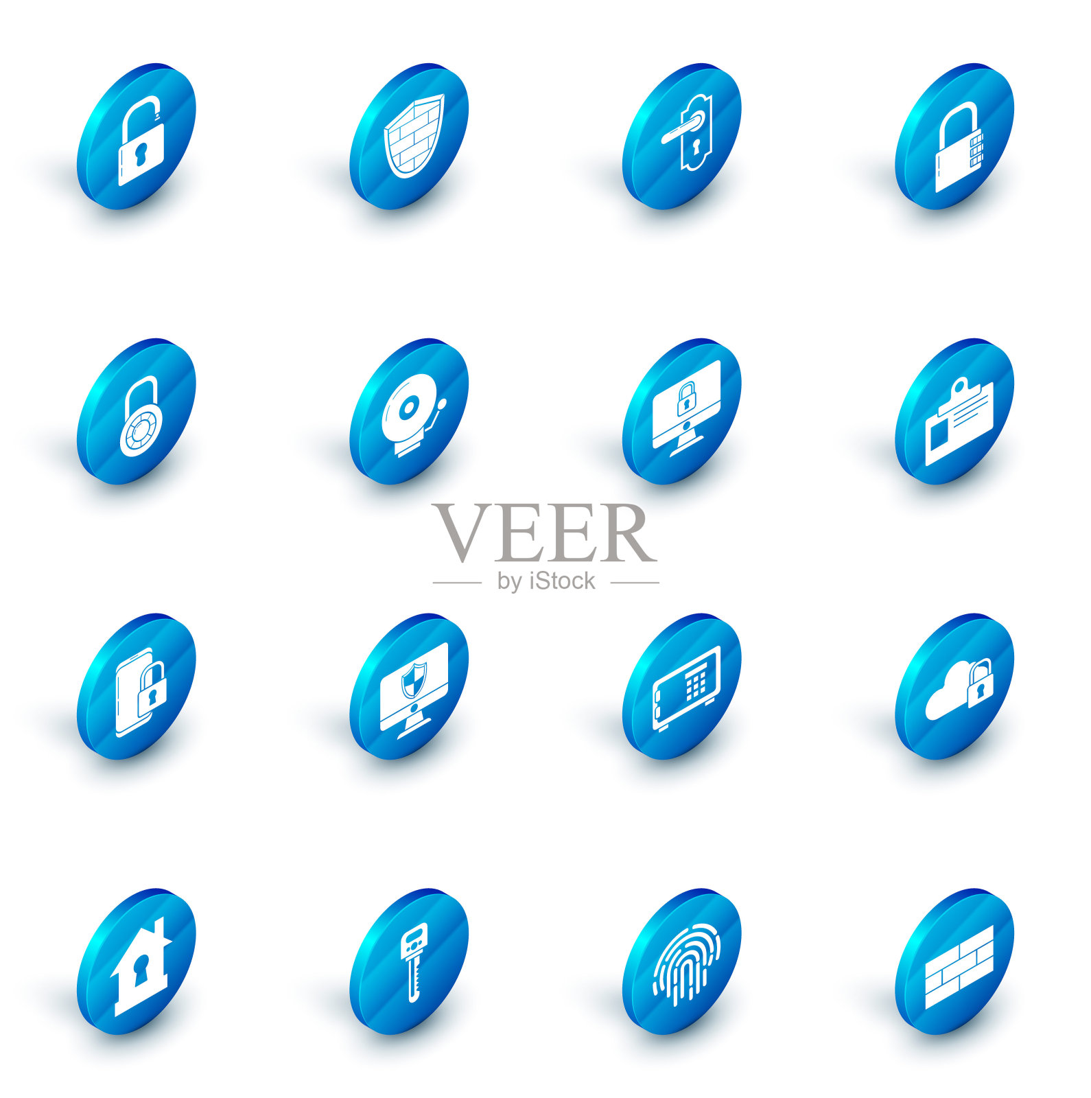 配备网络安全砖墙防护罩,门把手,安全组合锁,方向盘,智能手机关闭挂锁,铃声报警,识别徽章和锁定电脑显示器屏幕图标。向量图标素材