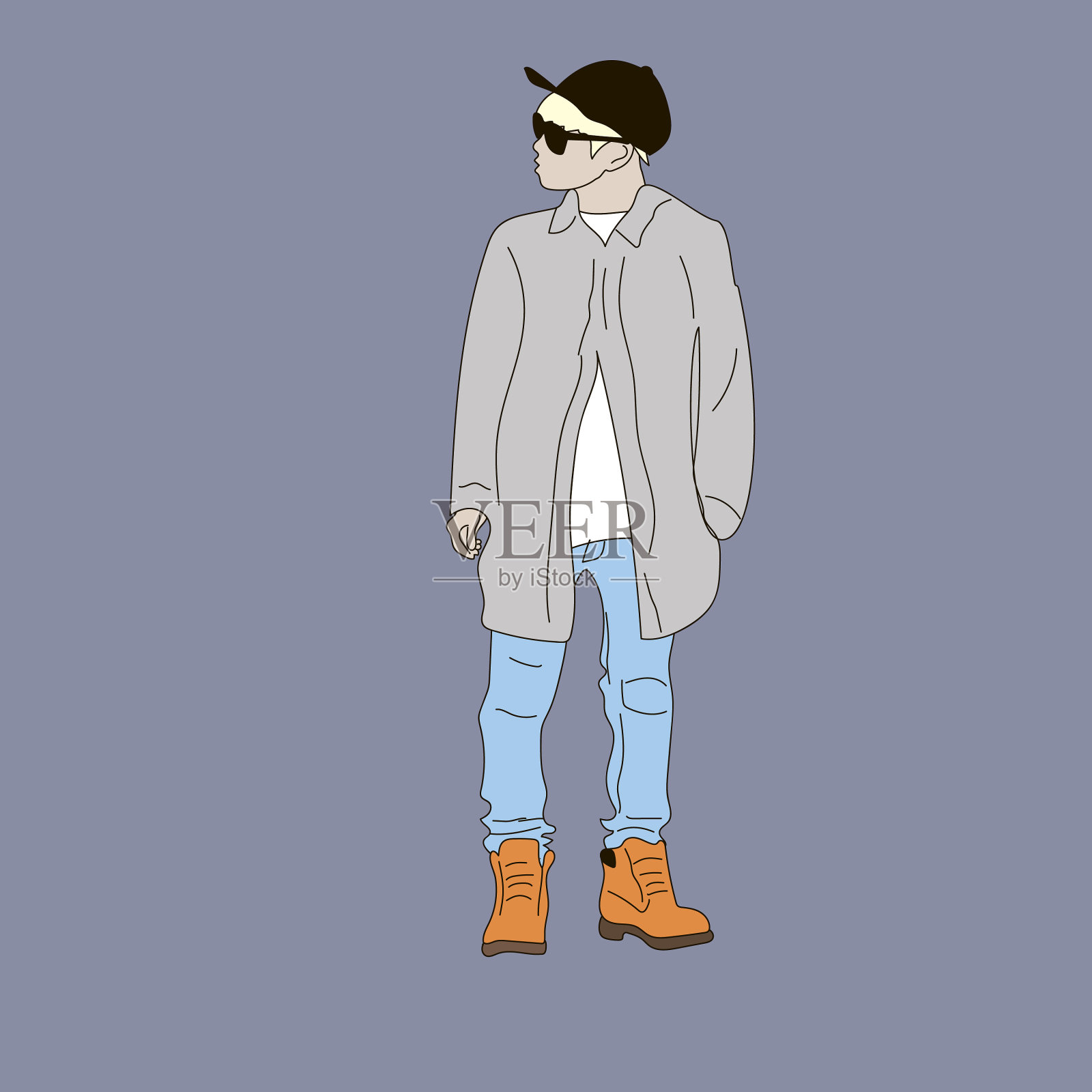 一个穿蓝色牛仔裤和灰色衬衫,穿靴子的男人插画图片素材