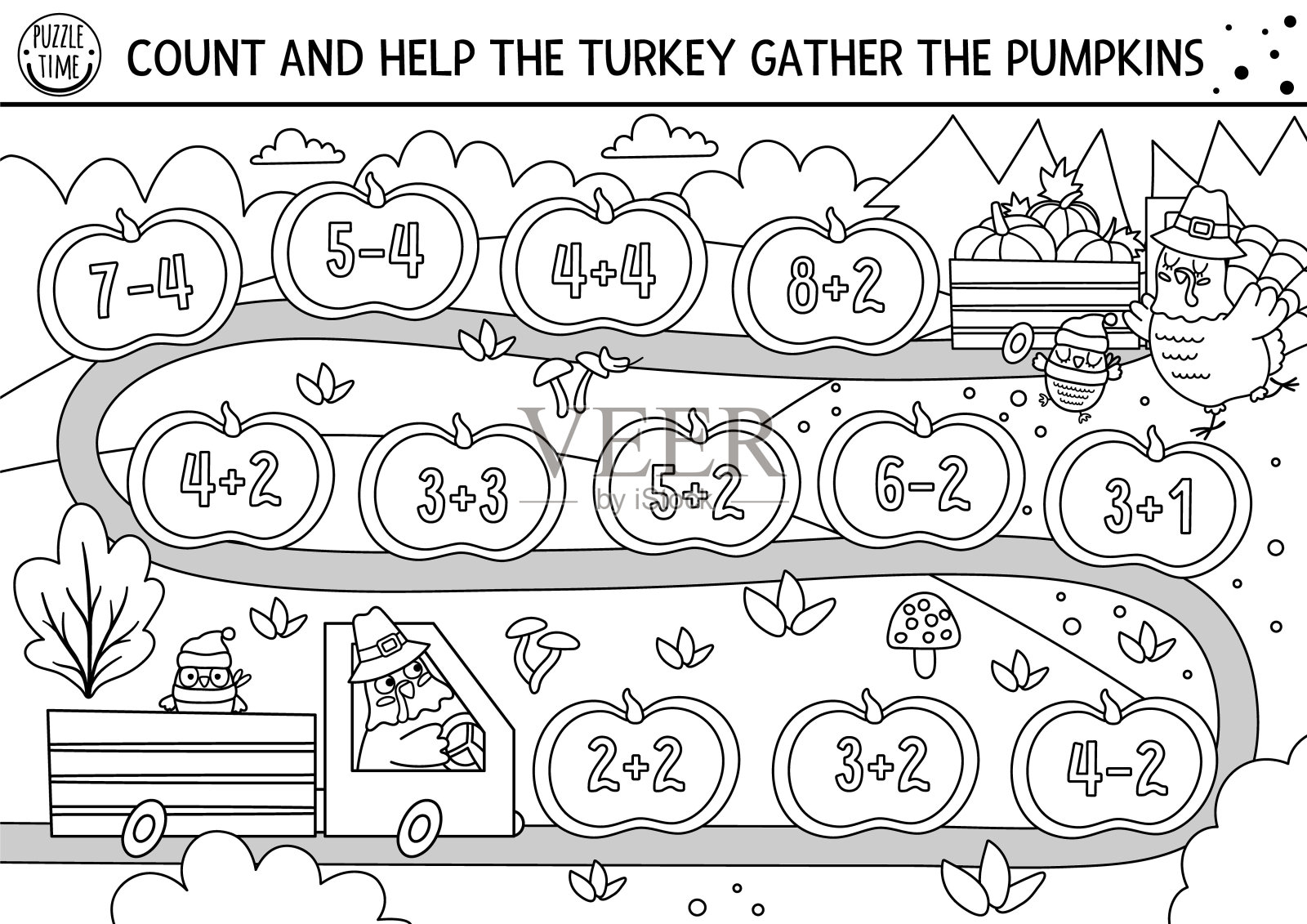 感恩节黑白数骰子棋盘游戏的孩子与可爱的火鸡驾驶一辆车与南瓜。秋季线假日棋盘游戏与数字。孩子们的秋季数学活动。插画图片素材