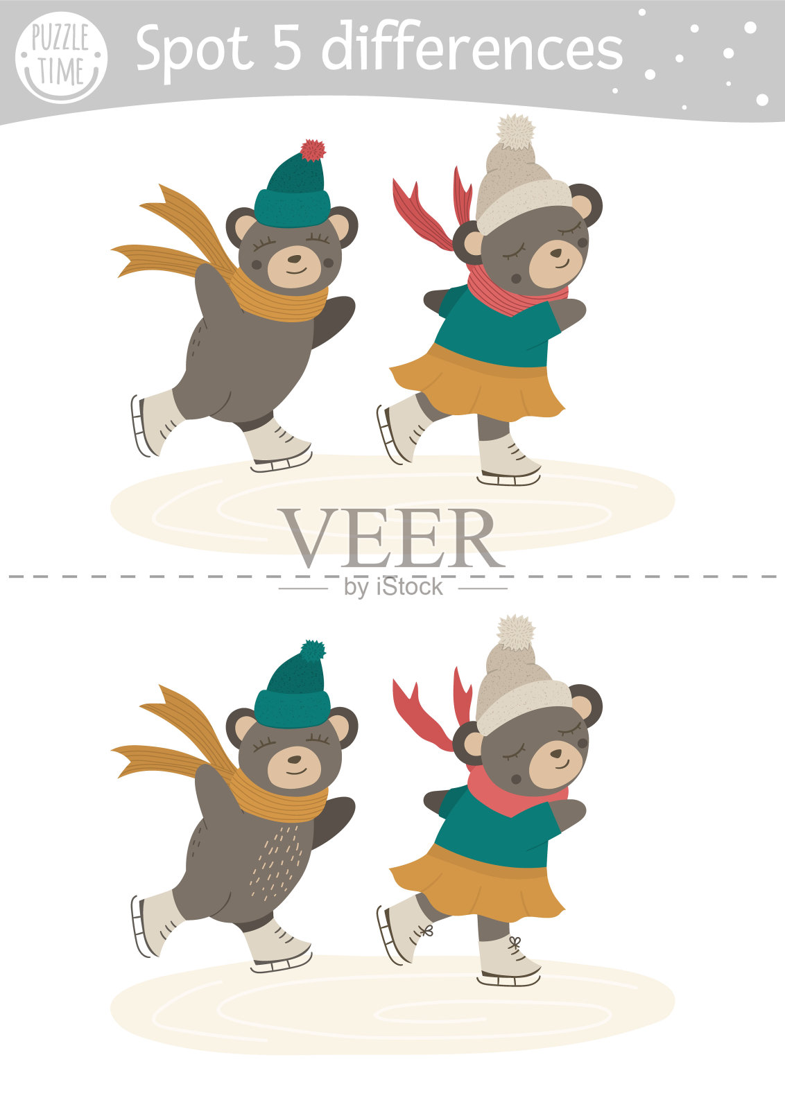 为孩子寻找差异游戏。与有趣的溜冰熊冬季教育活动。可打印工作表。给孩子们的圣诞假期拼图。新年学前班表设计元素图片
