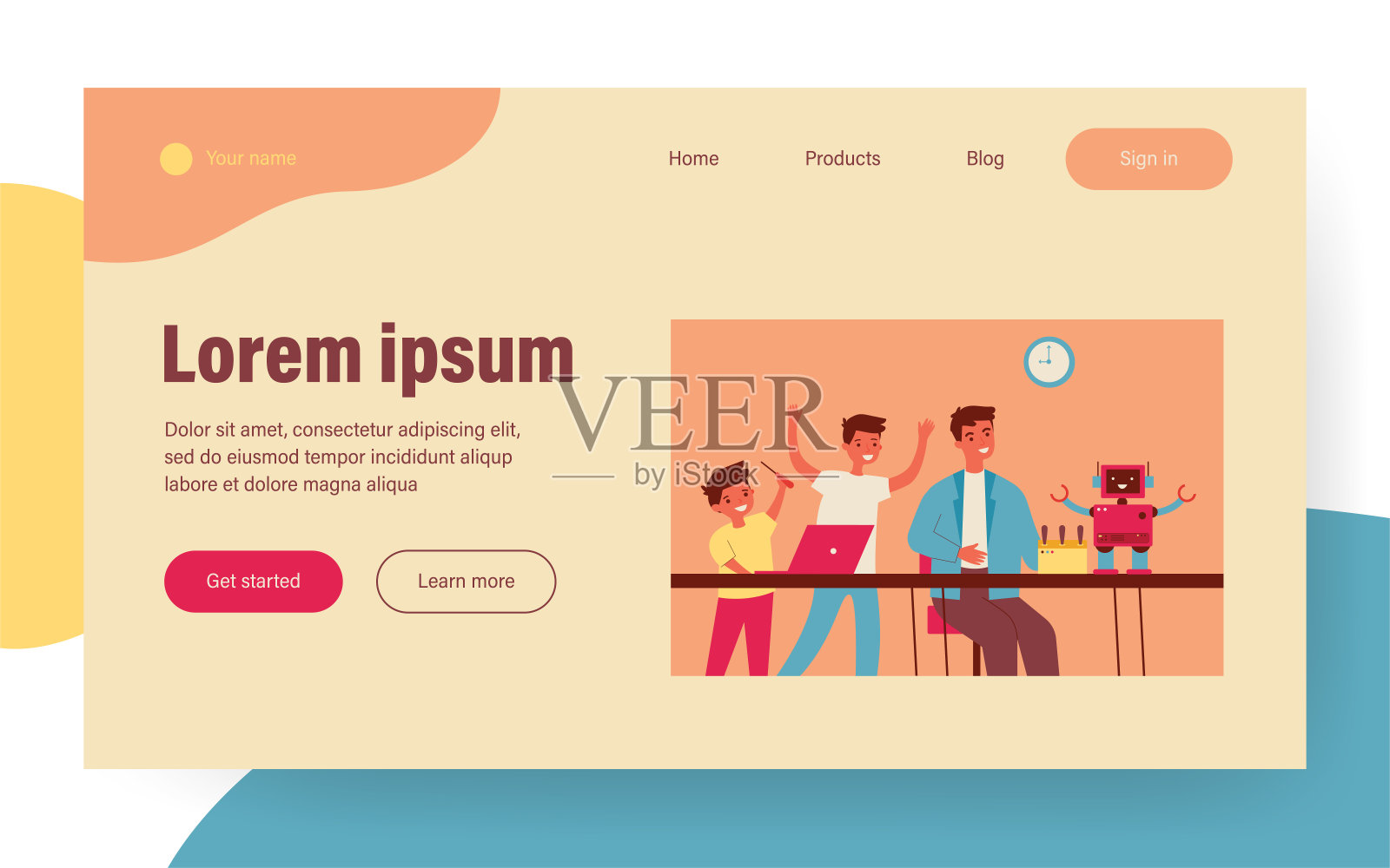 两个快乐的男孩和他们的爸爸创造机器人插画图片素材