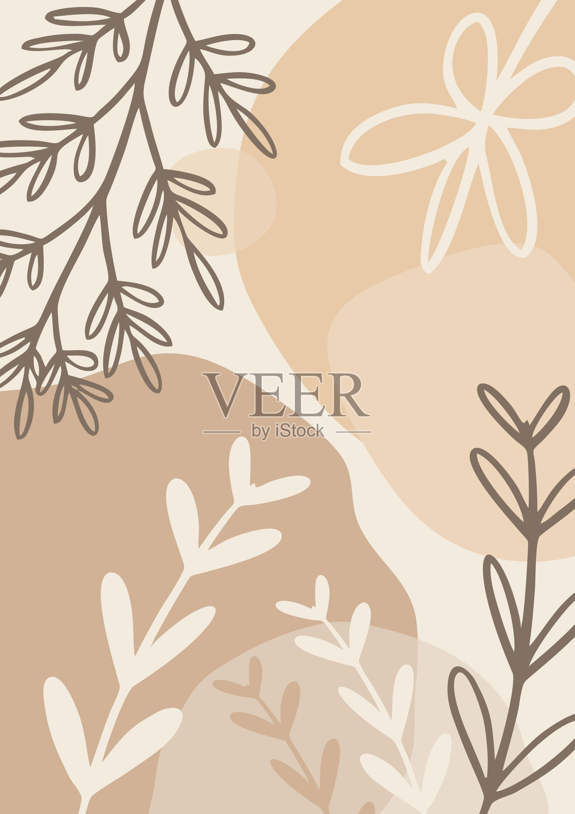 有机抽象极简主义粉彩背景与叶子插画图片素材