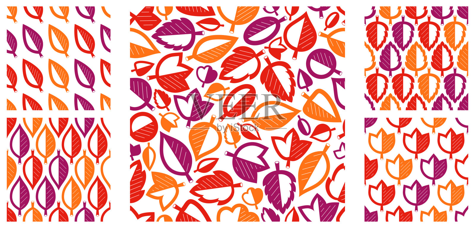 时尚卡通秋叶无缝矢量图案集,无限墙纸或纺织品样本与树花,红色秋天生活主题图像收集。插画图片素材