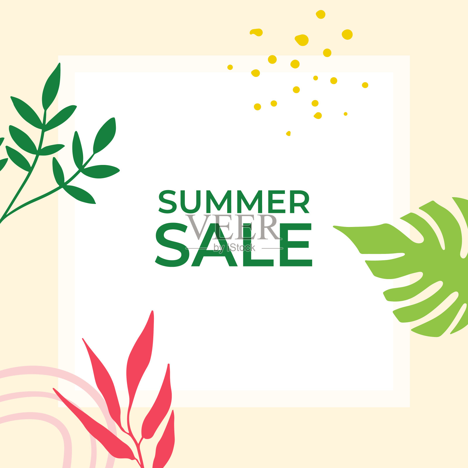 夏季出售横幅设计热带树叶背景。花背景矢量。棕榈叶,怪物叶,植物背景设计墙框版画,墙艺术,邀请,海报插画图片素材