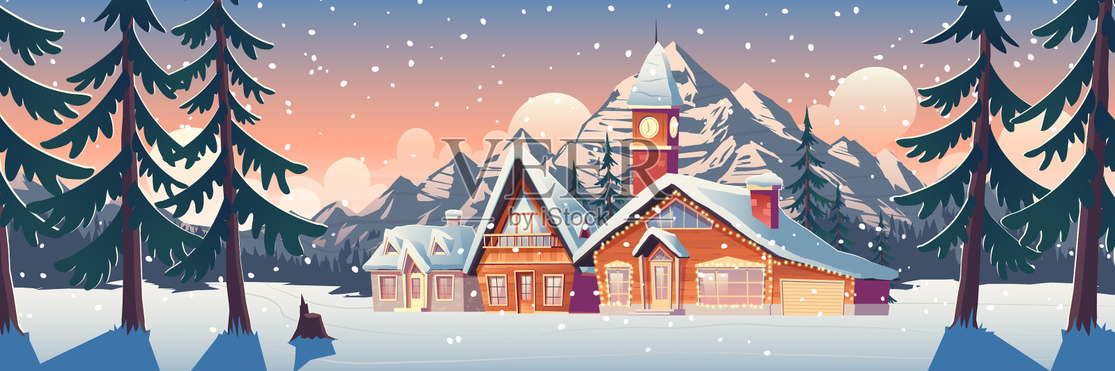 有房屋或小木屋的冬季山地景观插画图片素材