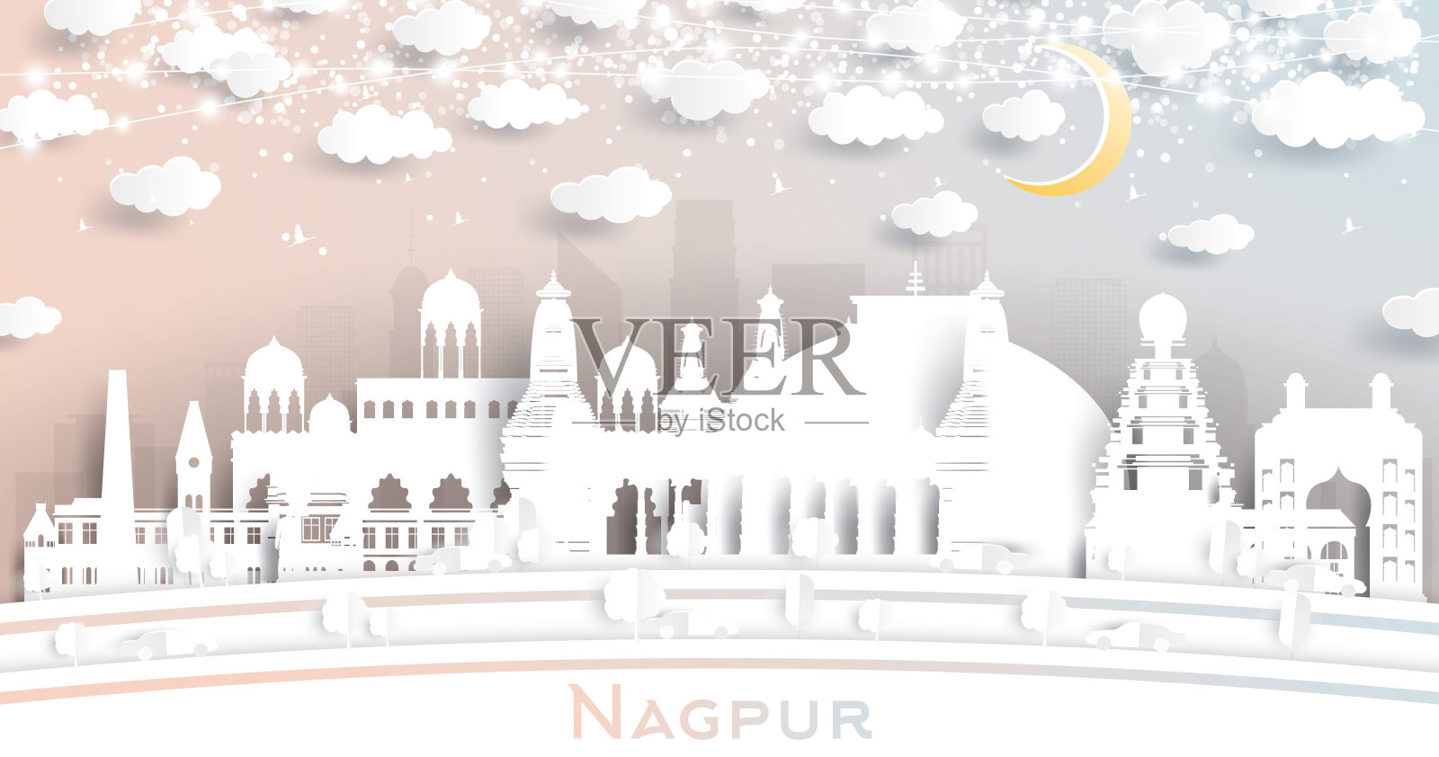 那格浦尔印度城市天际线剪纸风格与白色建筑,月亮和霓虹灯花环。插画图片素材
