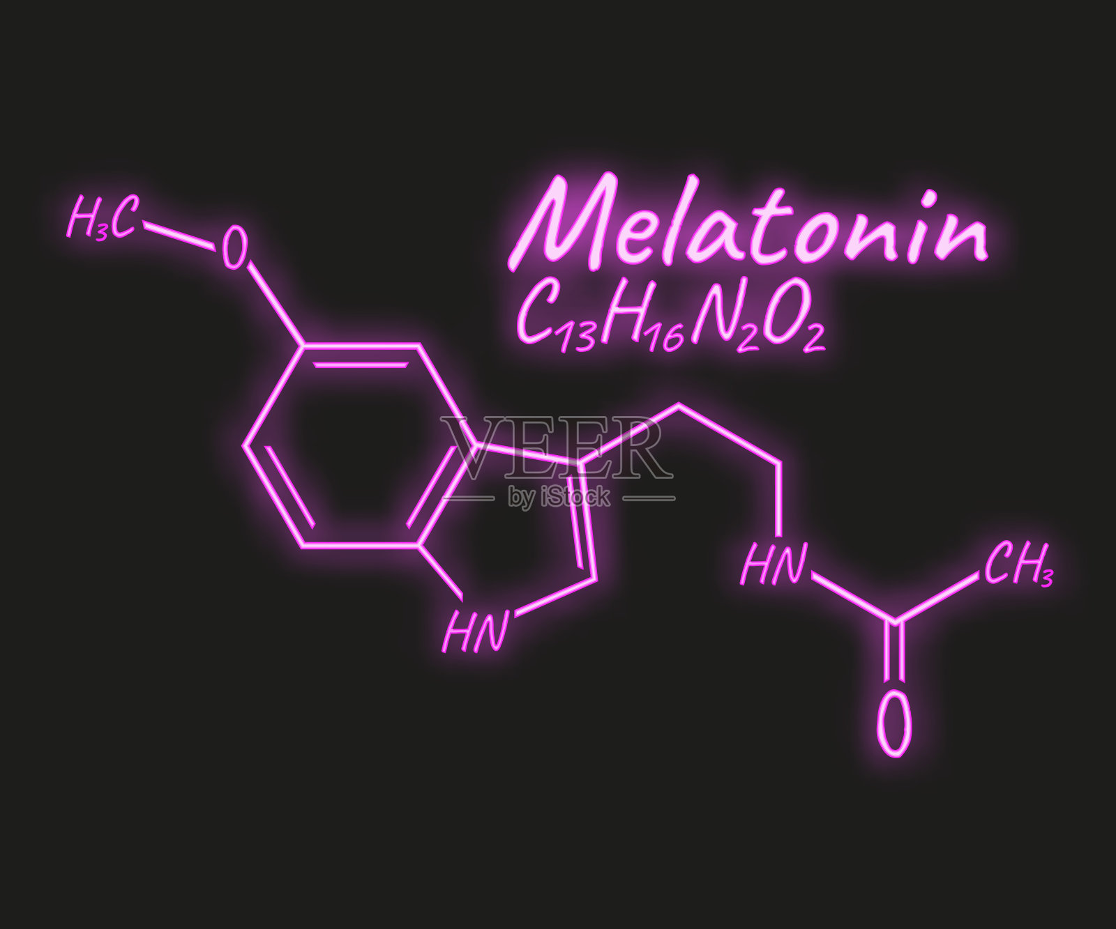 人类荷尔蒙褪黑素周期性元素概念化学骨骼公式图标标签,文字字体霓虹辉光矢量插图,孤立于黑色。插画图片素材
